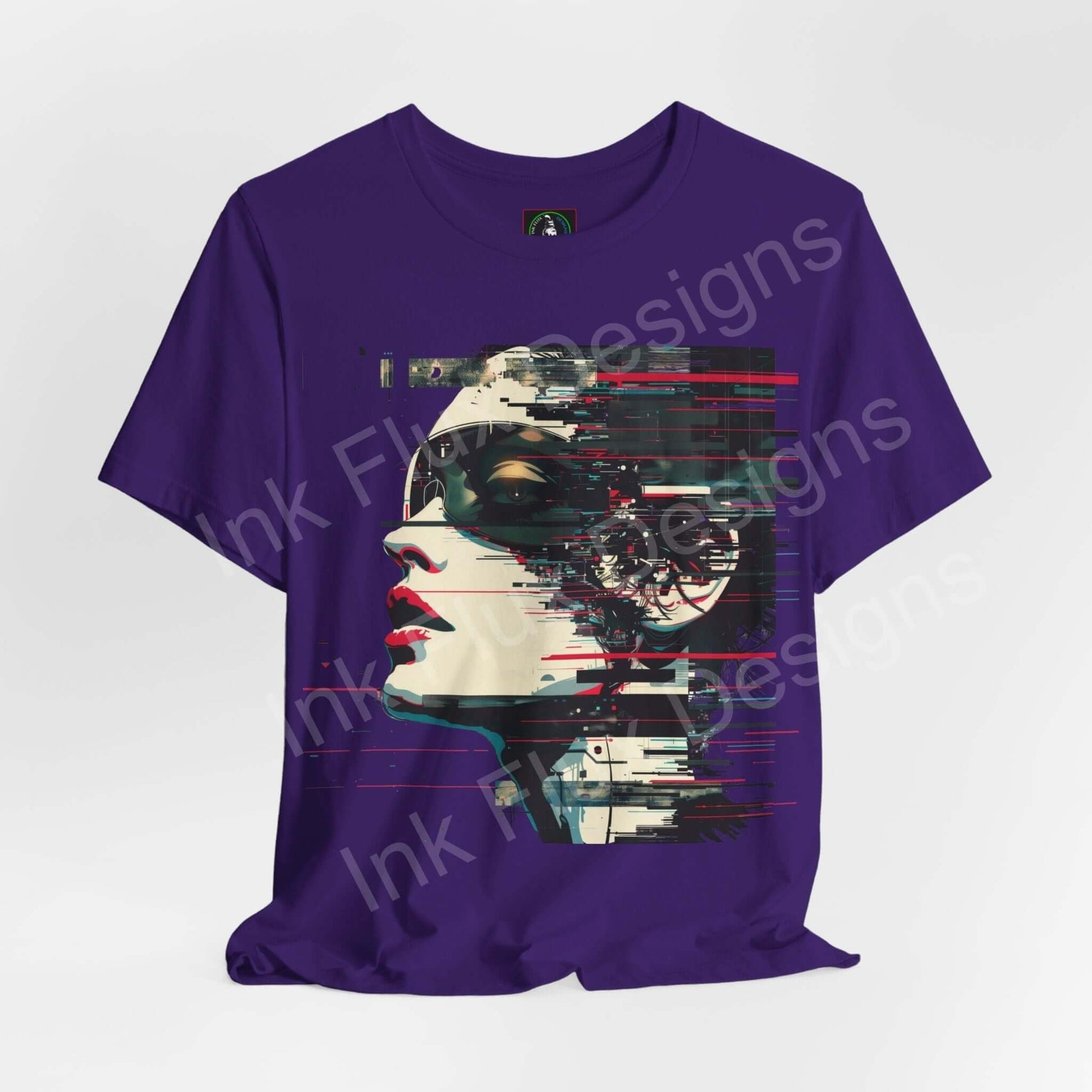 Purple cyberpunk graphic tee featuring abstract portrait design, ideal for those seeking stylish and comfortable unisex shirts.