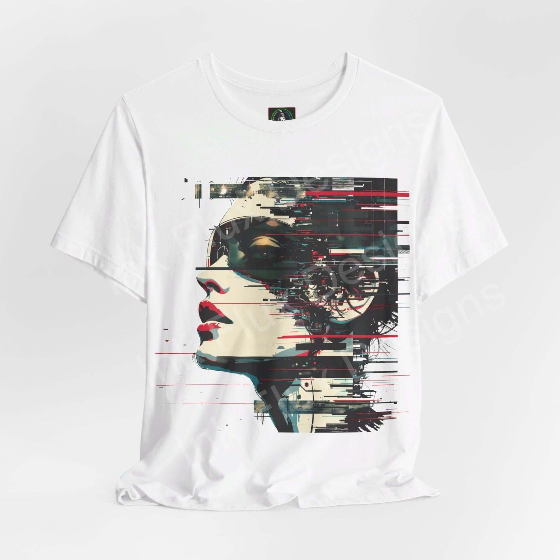 Cyberpunk-inspired graphic tee featuring an abstract portrait with bold red and black accents on a white unisex jersey T-shirt by Bella+Canvas.