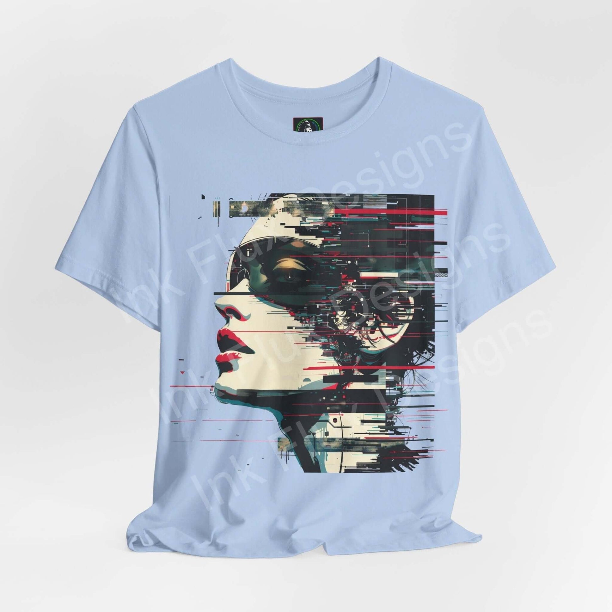 Light blue unisex T-shirt featuring a cyberpunk-style graphic portrait with abstract red and black details, from Bella+Canvas.