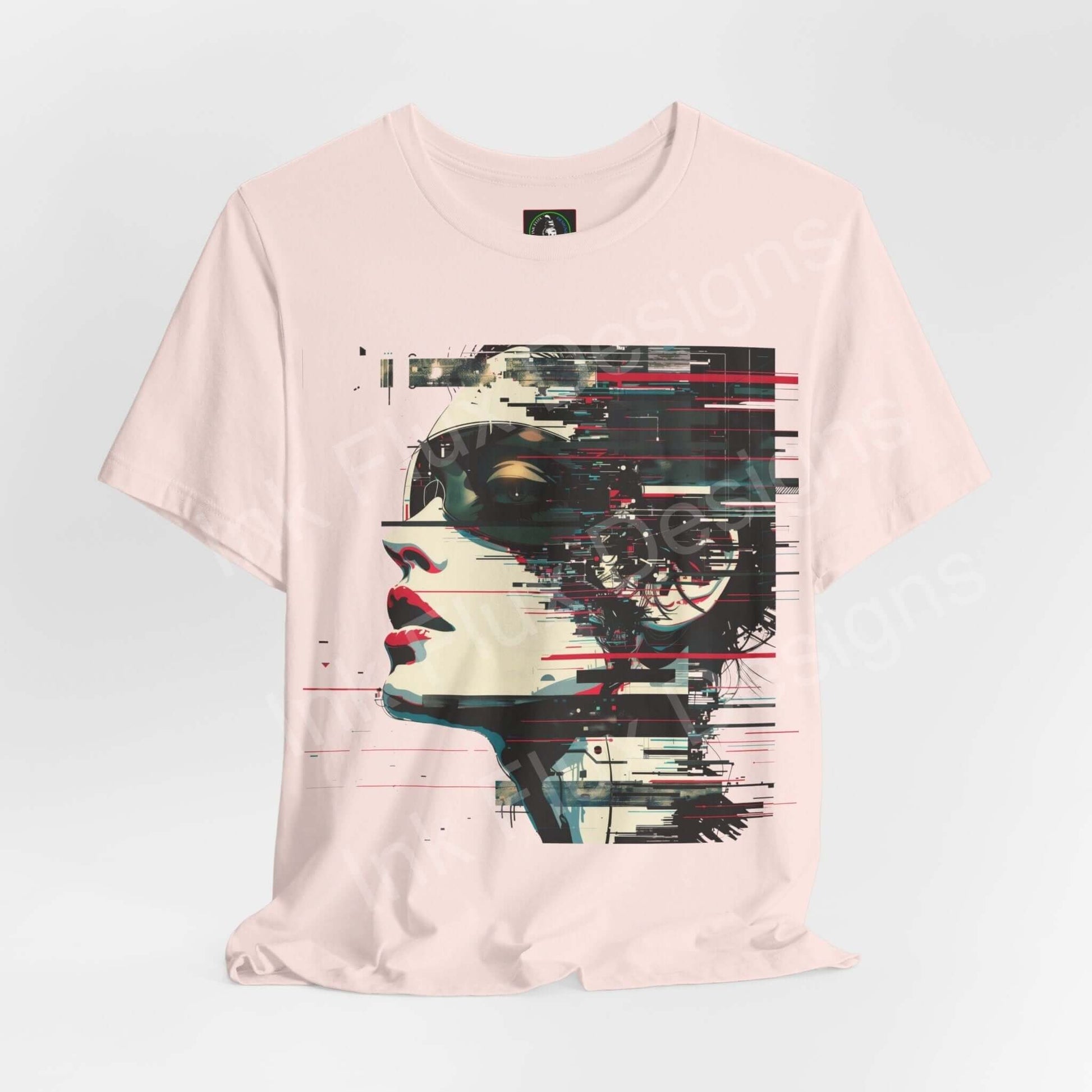Cyberpunk graphic tee featuring an abstract portrait design in vibrant colors on a light pink unisex T-shirt by Bella+Canvas.
