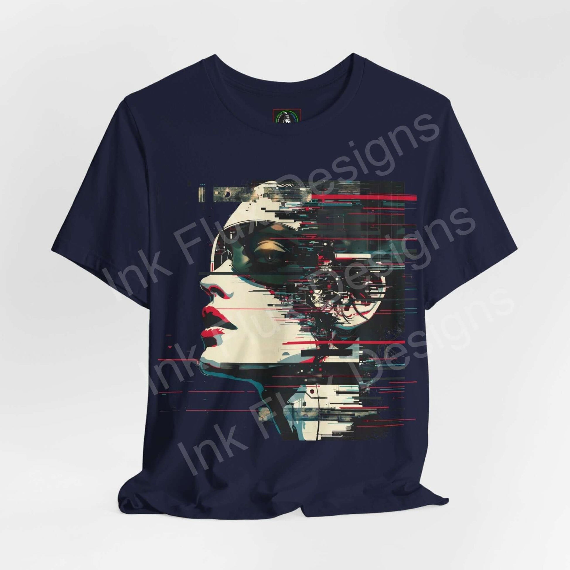 Navy blue unisex T-shirt featuring Abstract Portrait III, a cyberpunk graphic design with digital glitch art on comfortable Airlume cotton fabric.