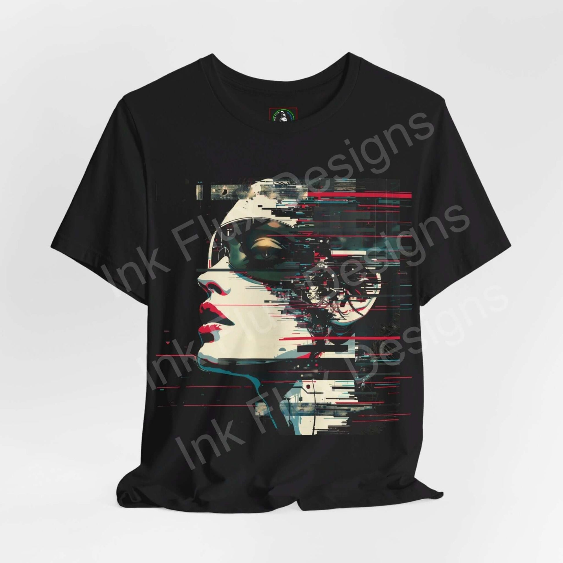 Cyberpunk-inspired graphic tee featuring an abstract portrait in black, white, and red on a unisex black T-shirt, part of the Graphic Tees collection.