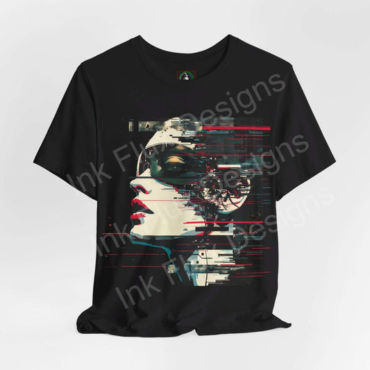Cyberpunk-inspired graphic tee featuring an abstract portrait in black, white, and red on a unisex black T-shirt, part of the Graphic Tees collection.