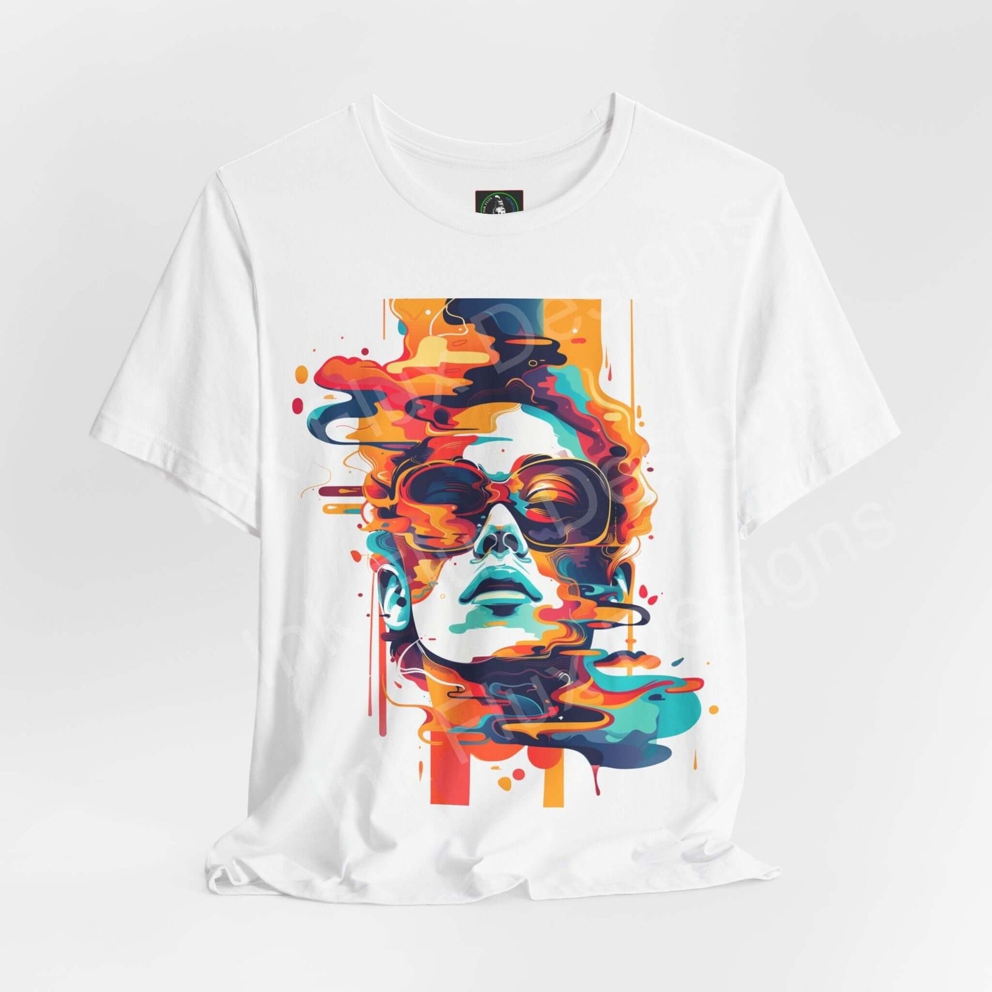 White unisex T-shirt featuring a vibrant cyberpunk-inspired graphic print of an abstract portrait in bold orange and blue hues, from Bella+Canvas.