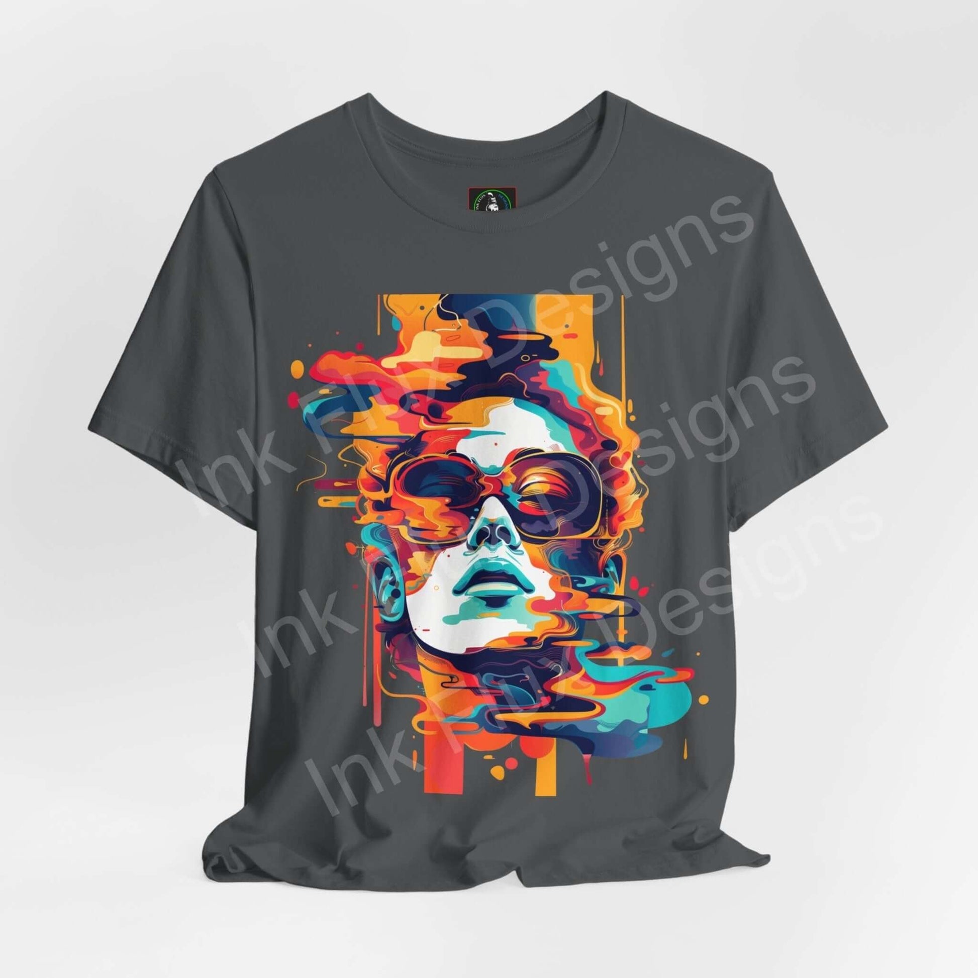 Unisex gray T-shirt featuring a vibrant, abstract cyberpunk graphic print of a face with sunglasses, from Bella+Canvas.
