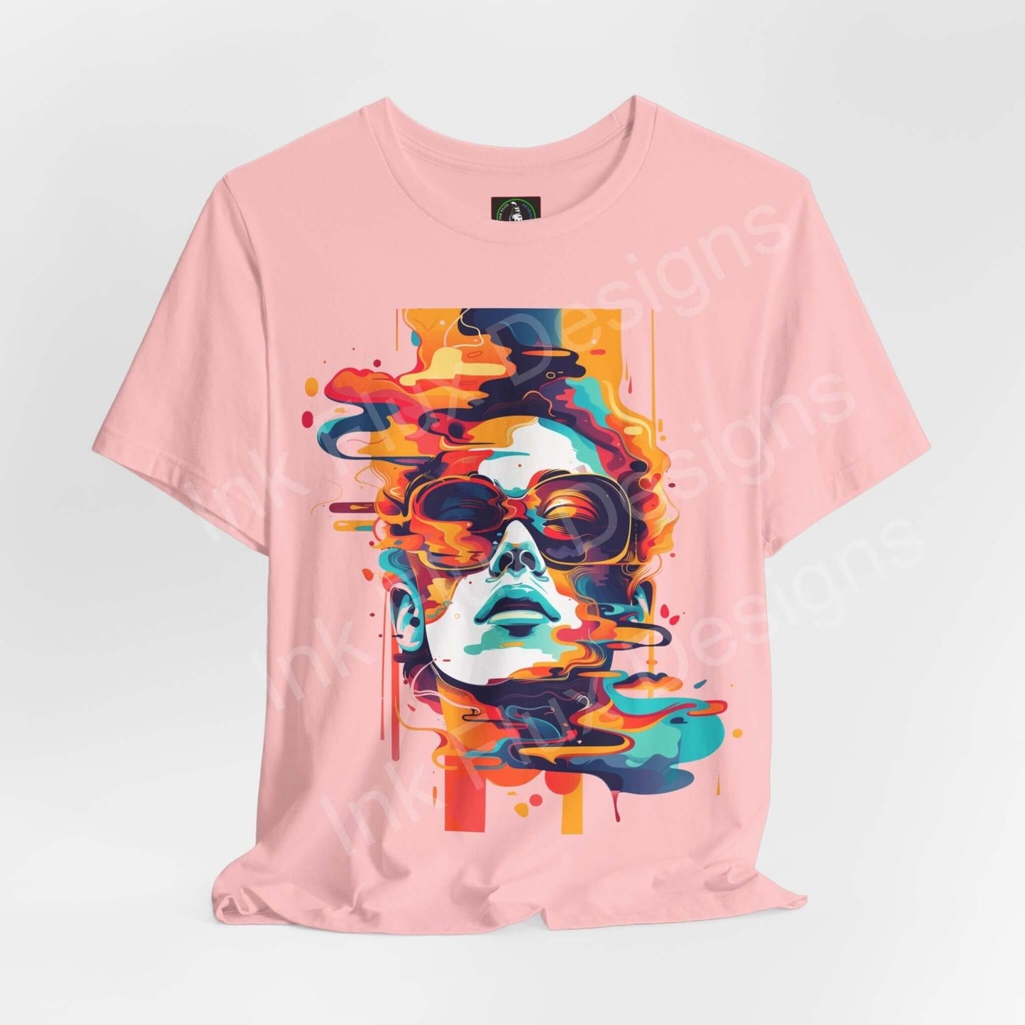 Pink unisex T-shirt featuring a cyberpunk-inspired graphic print of an Abstract Portrait IV, showcasing vibrant, swirling colors and a stylish design.