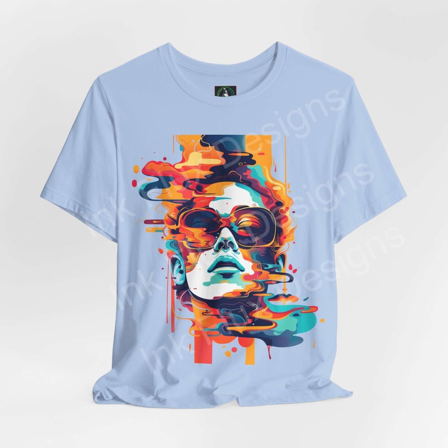 Cyberpunk-inspired graphic tee featuring an abstract portrait design on a light blue unisex T-shirt, ideal for fashion-forward individuals.