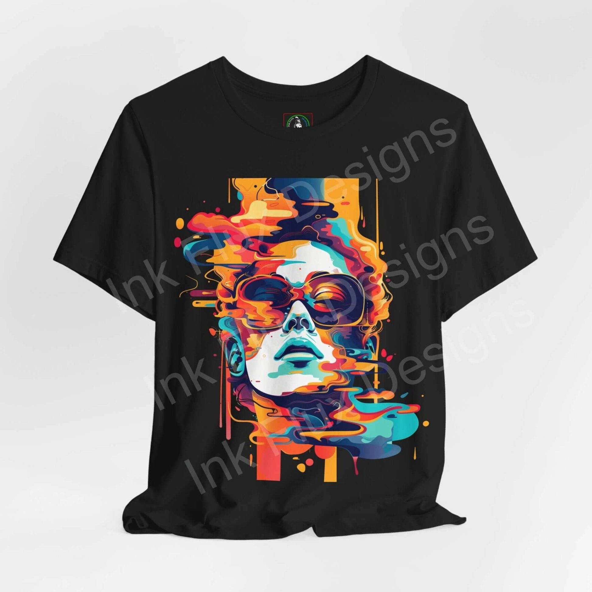 Cyberpunk-inspired graphic tee featuring an abstract portrait with vibrant colors on a black unisex T-shirt from Bella+Canvas.