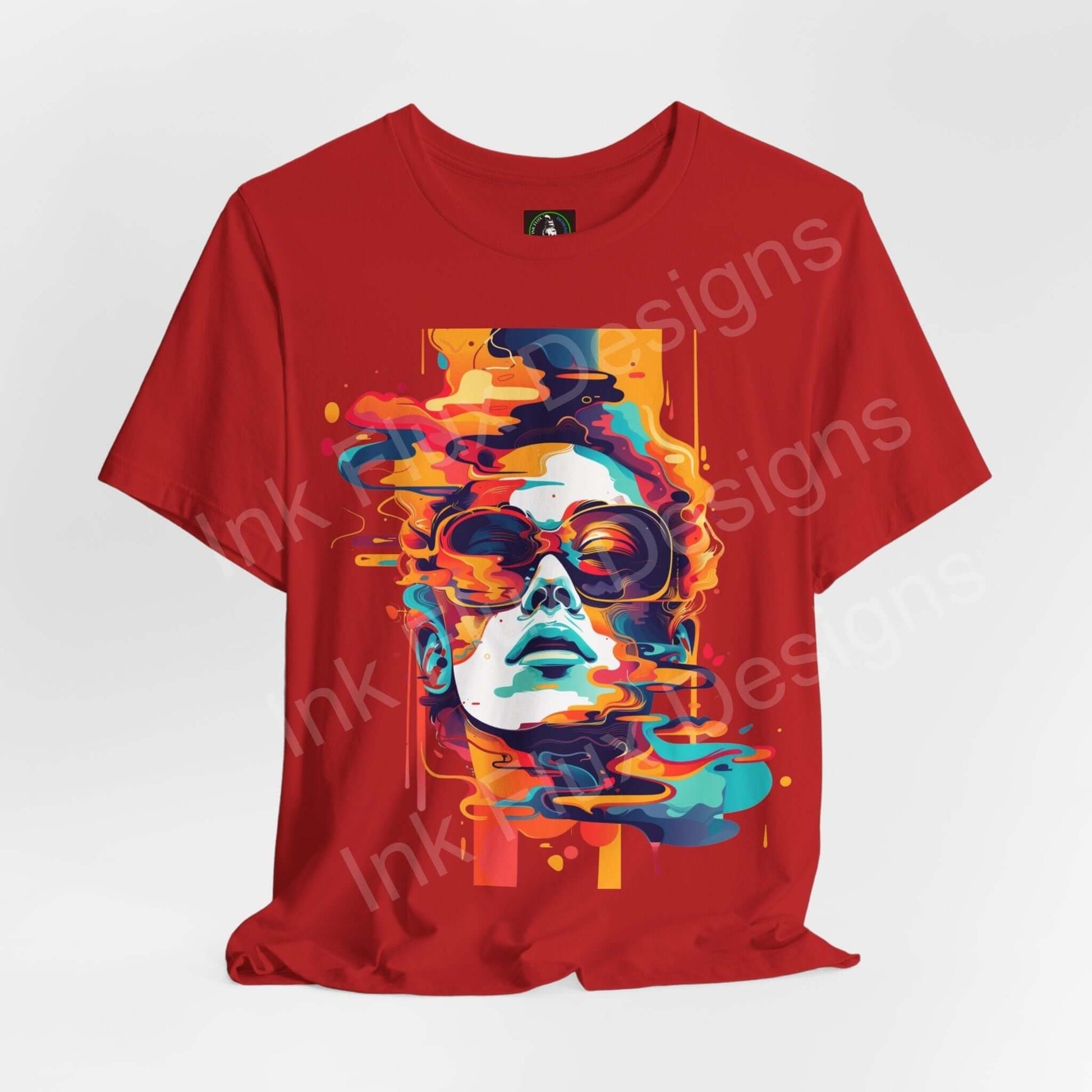 Cyberpunk-inspired red T-shirt featuring an abstract portrait graphic in vivid colors, perfect for fans of unique graphic tees.