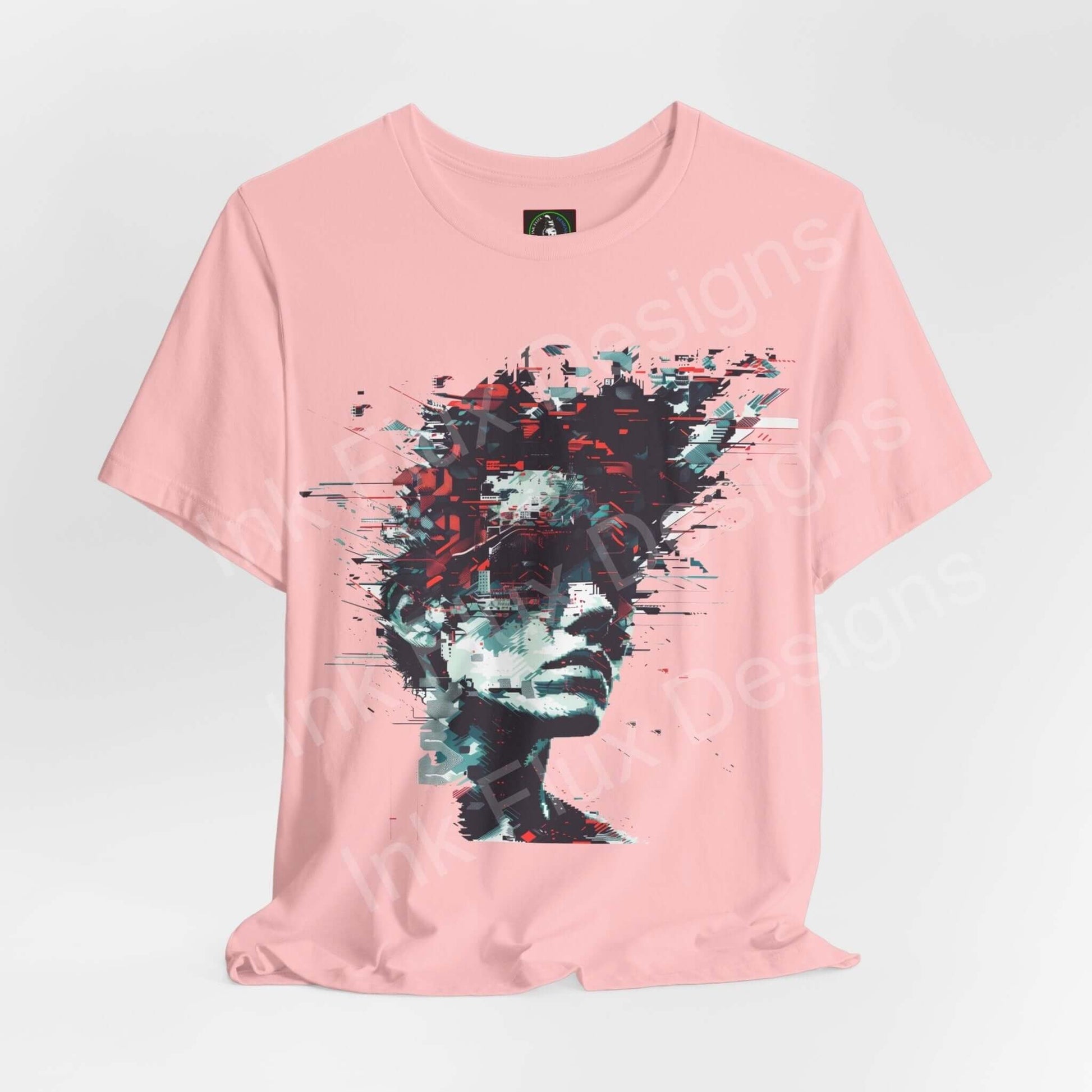 Pink unisex T-shirt with cyberpunk-inspired abstract portrait graphic, featuring breathable, ethically made Airlume cotton by Bella+Canvas