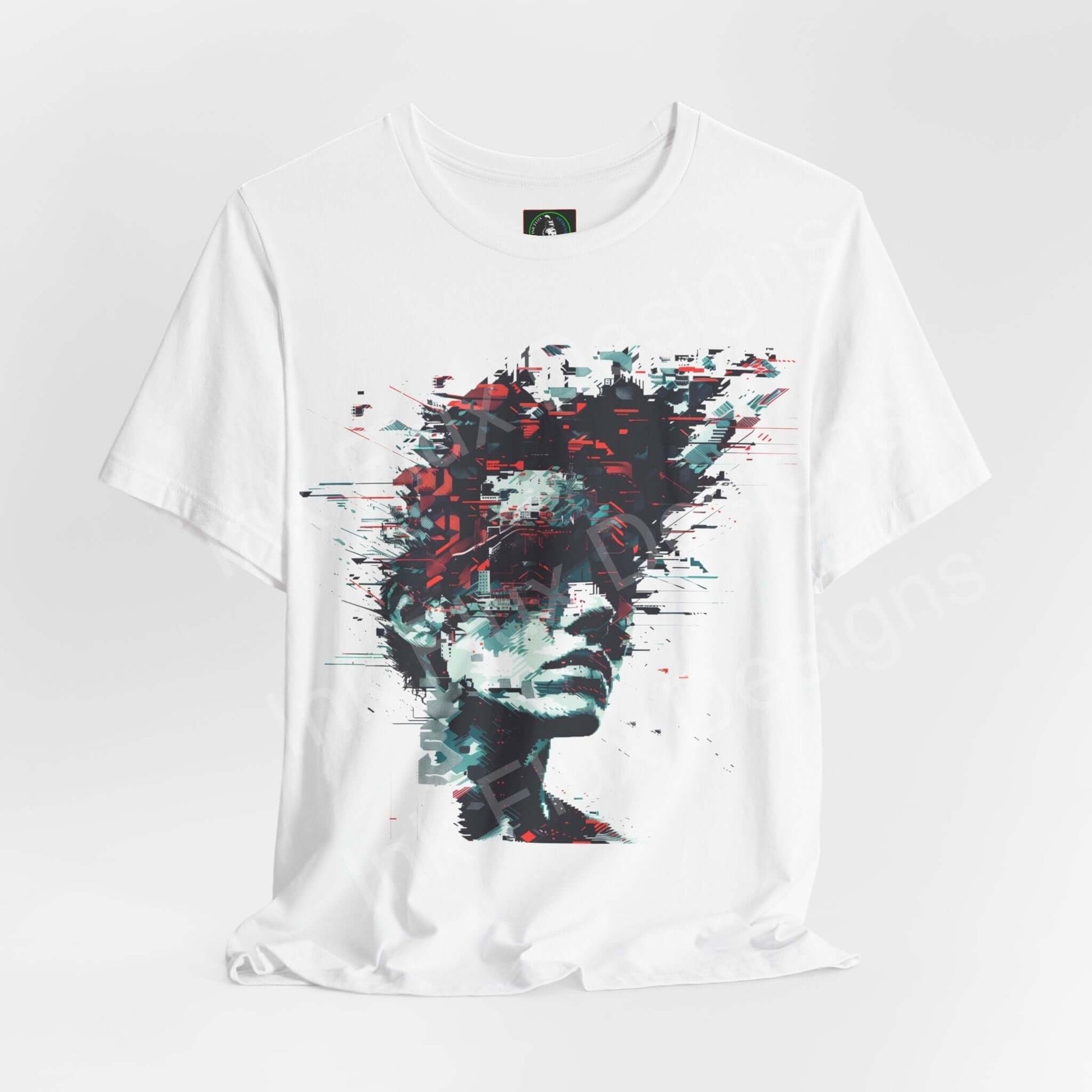 White unisex T-shirt with abstract cyberpunk portrait design, featuring graphic splashes in red and blue, tailored for style and comfort.