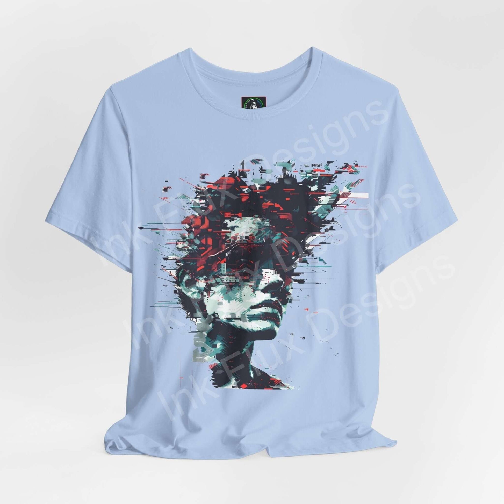 Light blue unisex T-shirt featuring an abstract cyberpunk portrait graphic, crafted by Bella+Canvas for style and comfort.