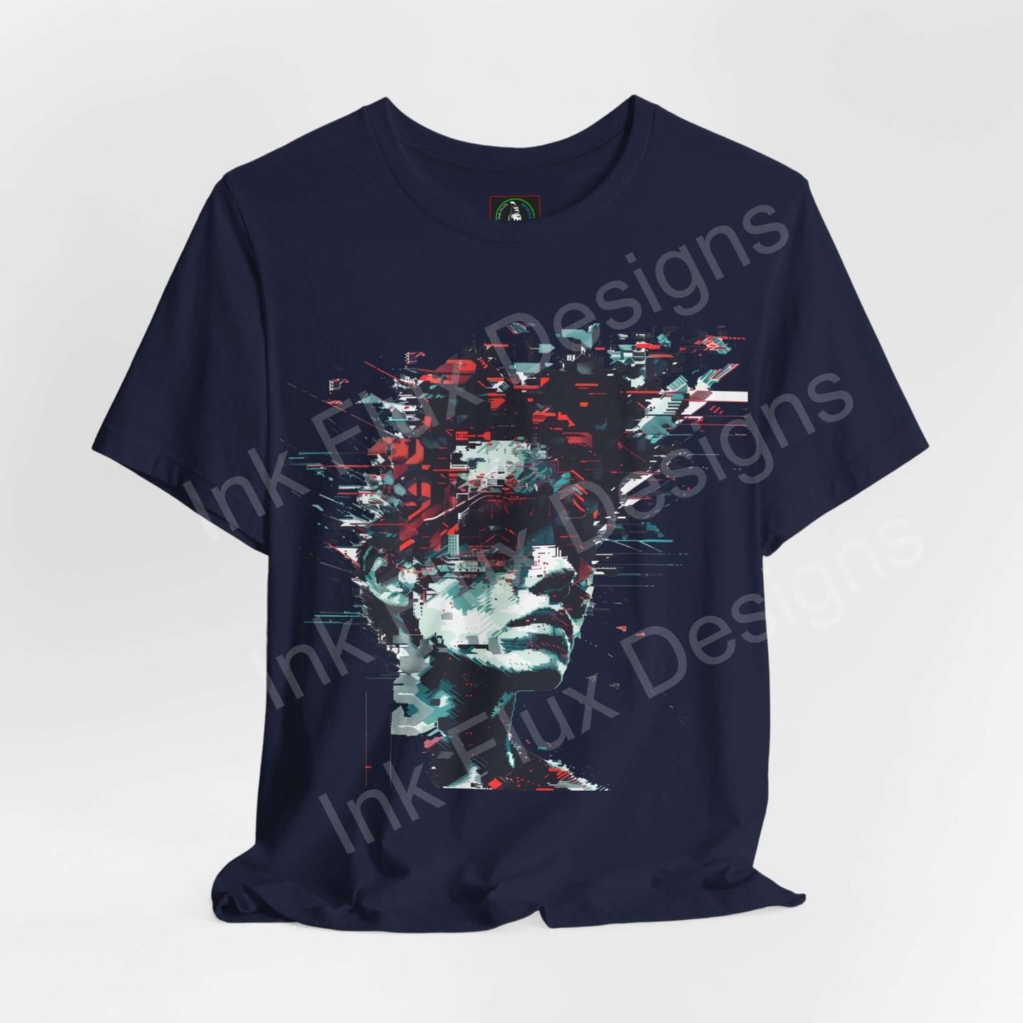 Navy blue unisex T-shirt featuring a cyberpunk-style abstract portrait graphic, crafted from sustainable Airlume cotton by Bella+Canvas.