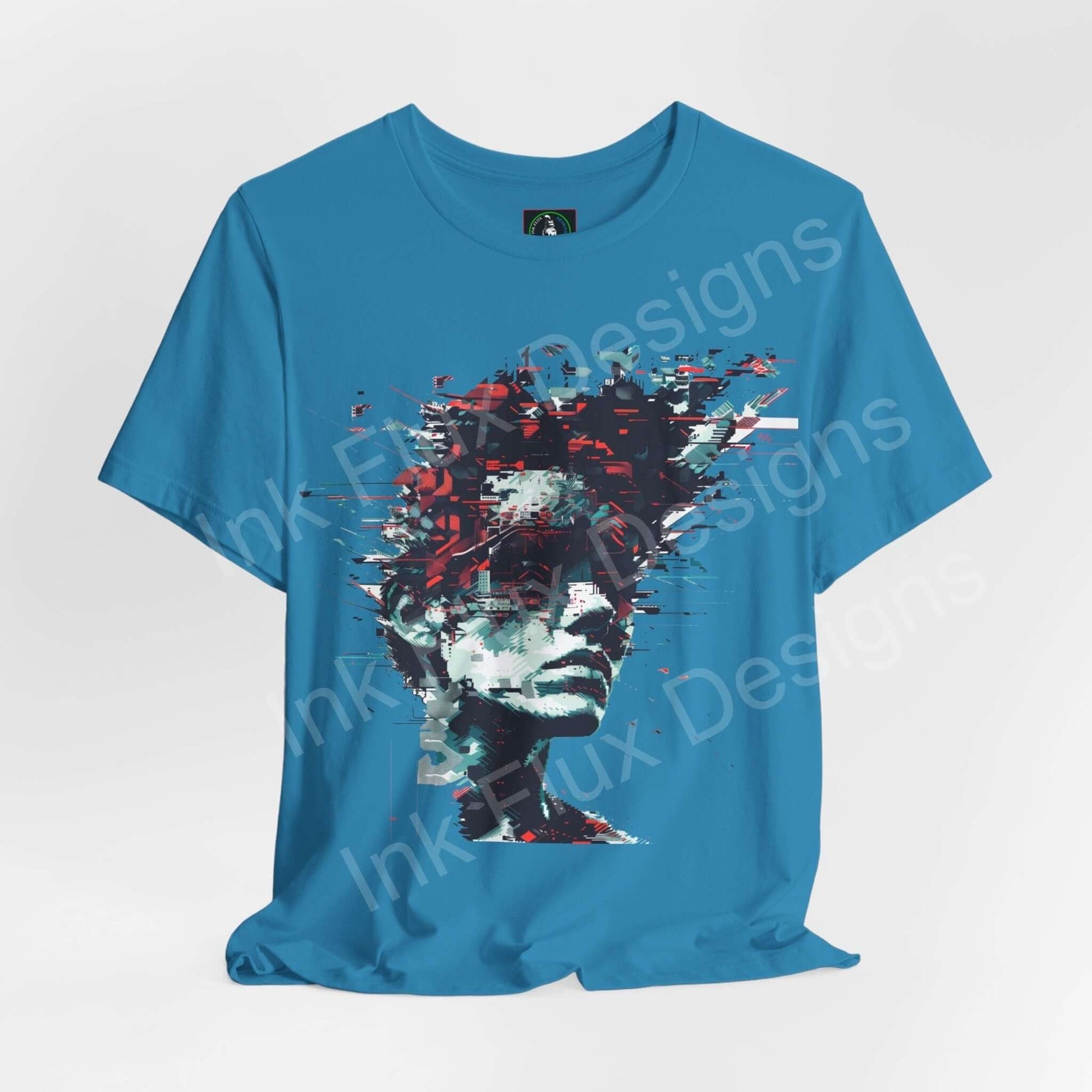 Cyberpunk-style graphic tee featuring an abstract portrait in red and black on a blue Bella+Canvas shirt, ideal for both style and comfort.