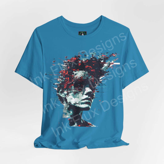 Cyberpunk-style graphic tee featuring an abstract portrait in red and black on a blue Bella+Canvas shirt, ideal for both style and comfort.