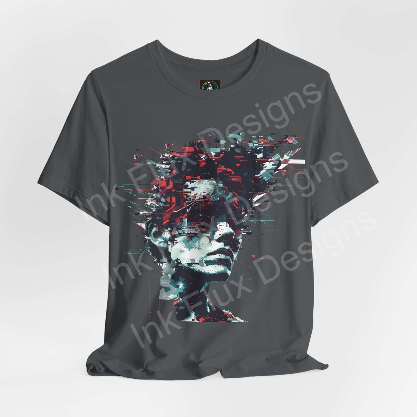 Cyberpunk-inspired graphic tee featuring abstract portrait design on grey unisex T-shirt by Bella+Canvas, blending art and comfort.