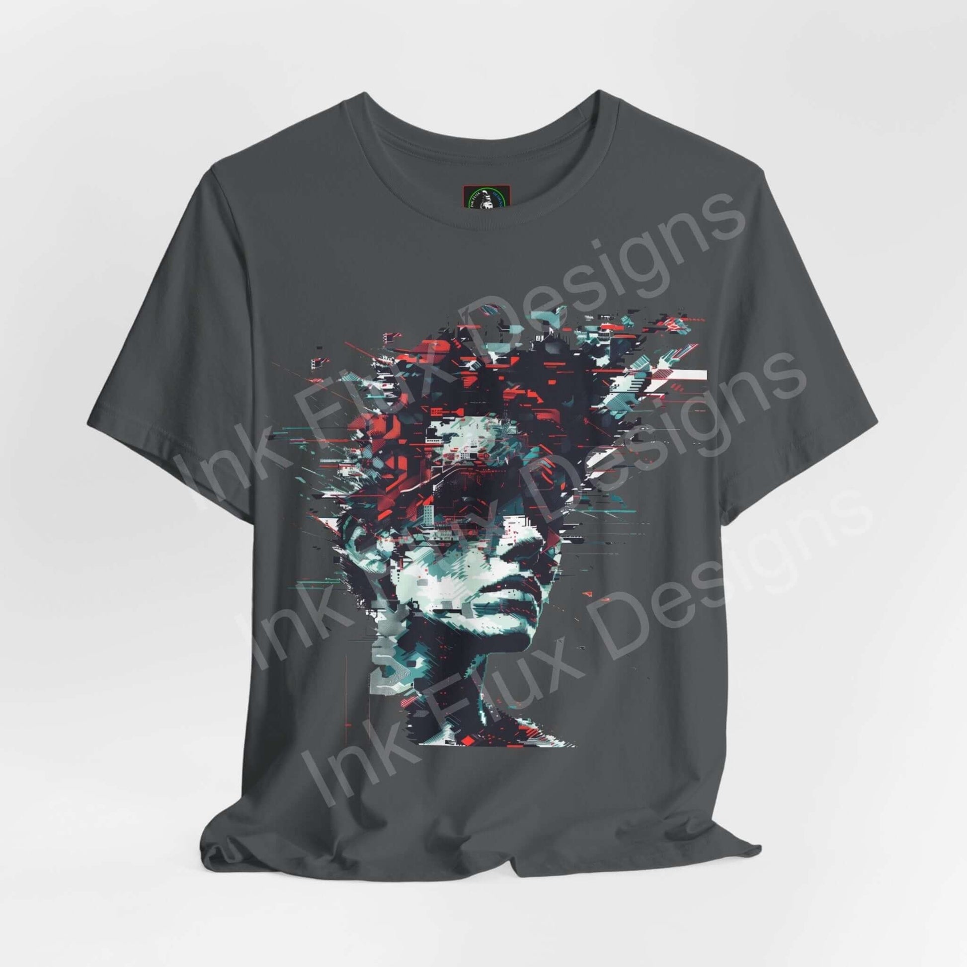 Cyberpunk-inspired graphic tee featuring abstract portrait design on grey unisex T-shirt by Bella+Canvas, blending art and comfort.