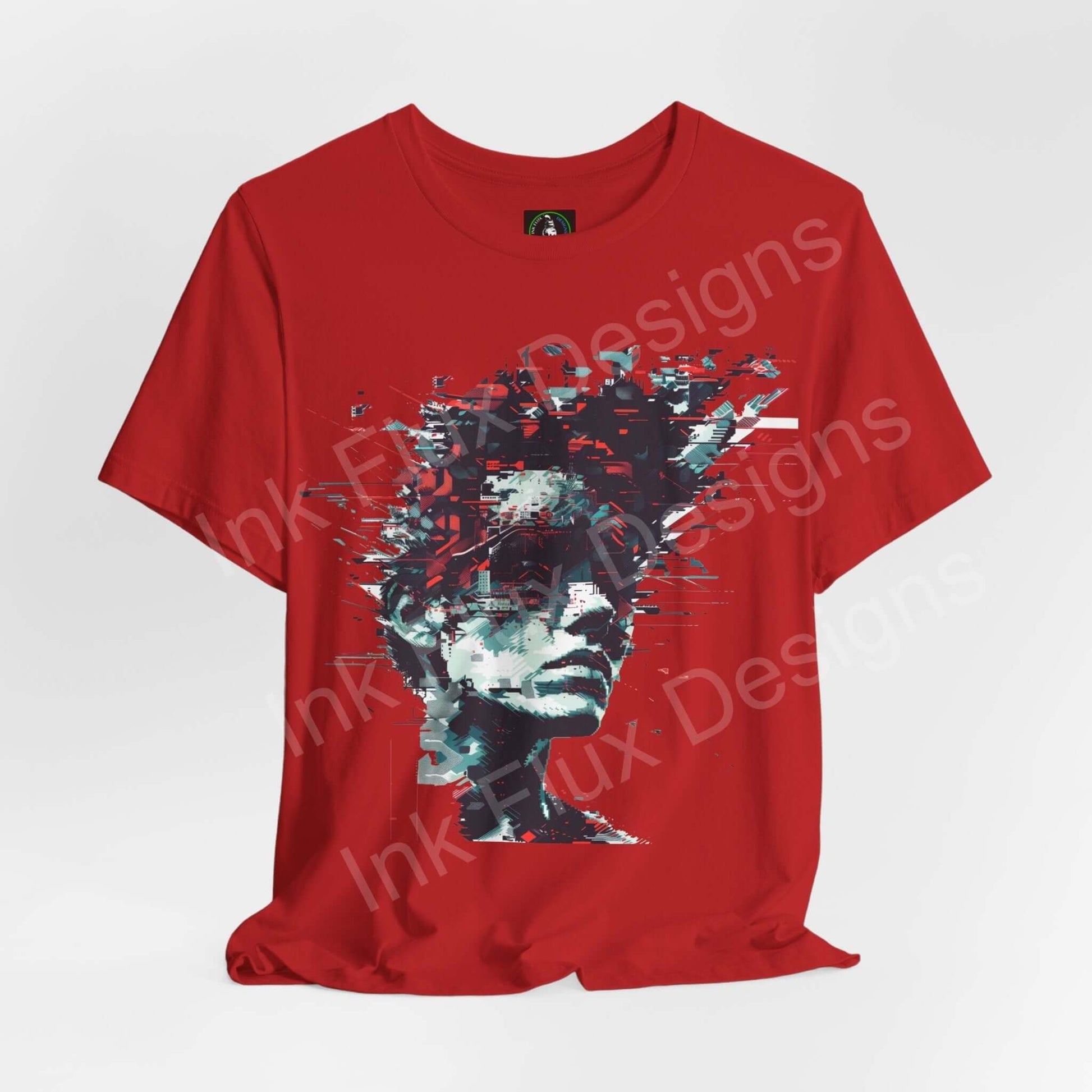 Red unisex T-shirt featuring a cyberpunk-inspired abstract portrait graphic, crafted from breathable Airlume cotton by Bella+Canvas.
