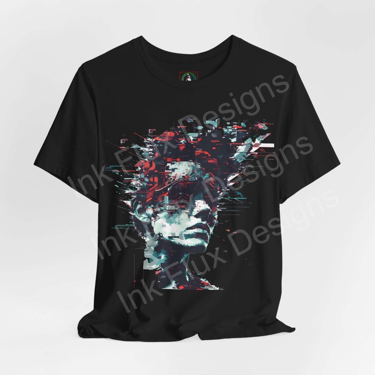 Black unisex T-shirt with abstract cyberpunk portrait graphic, featuring vivid red and blue accents, designed for style and comfort.