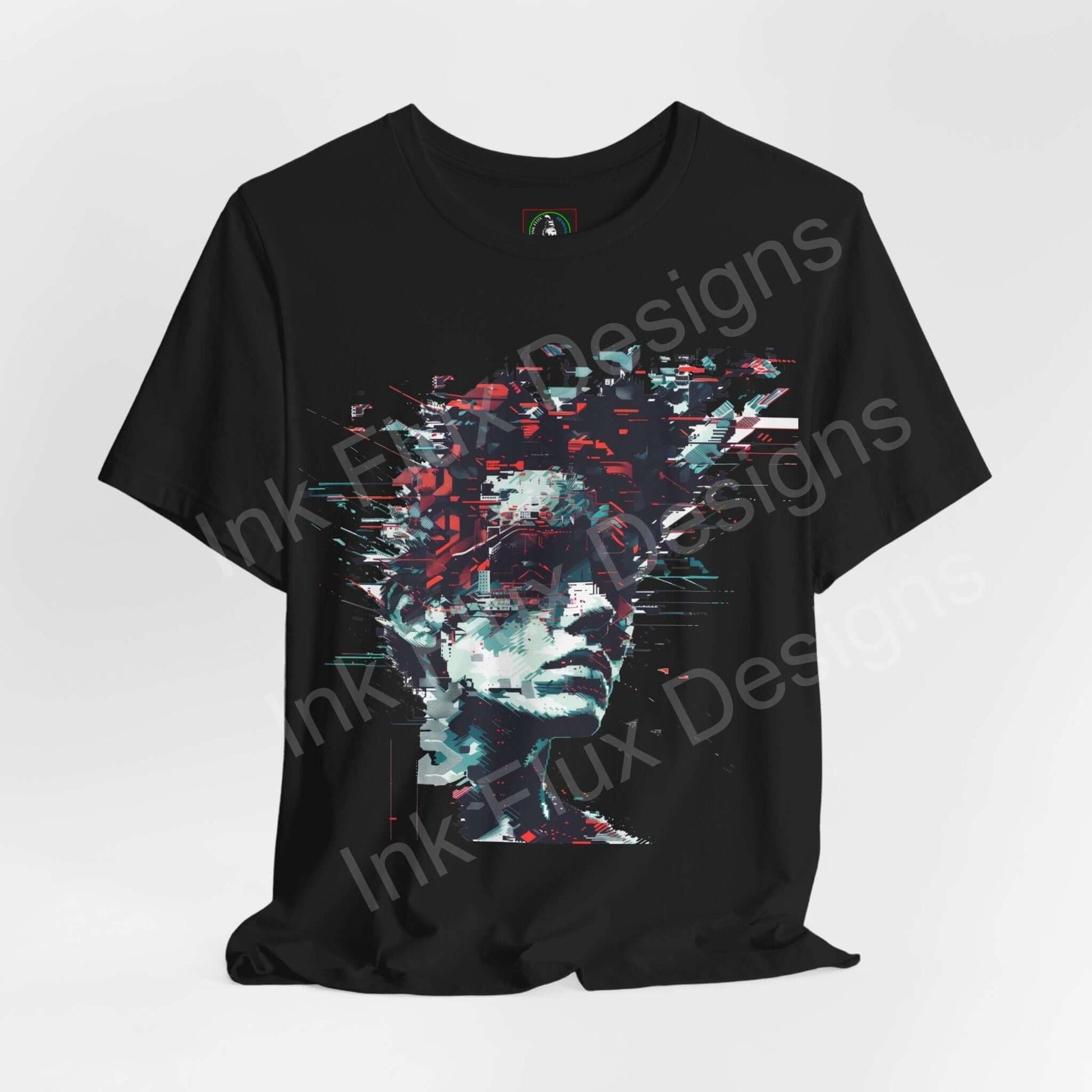 Black unisex T-shirt with abstract cyberpunk portrait graphic, featuring vivid red and blue accents, designed for style and comfort.