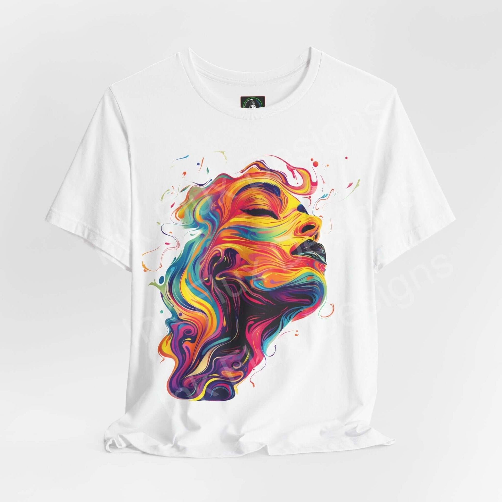 Abstract cyberpunk portrait graphic on a white unisex T-shirt from Bella+Canvas, featuring vibrant, swirling colors and a comfortable fit.