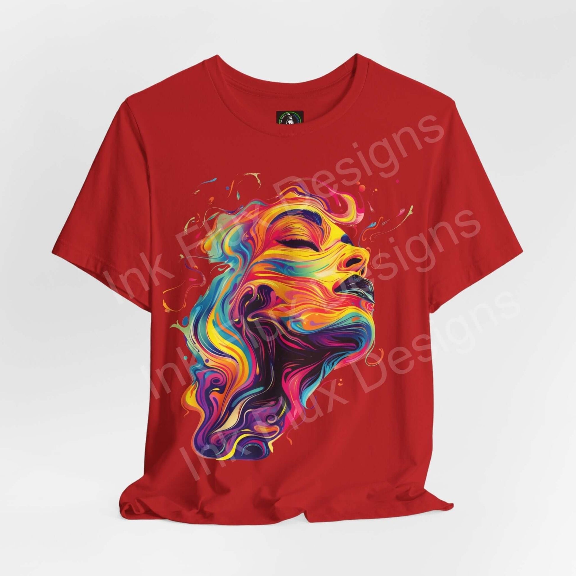 Red unisex T-shirt with vibrant cyberpunk abstract portrait graphic, featuring airy Airlume cotton and tapered fit.
