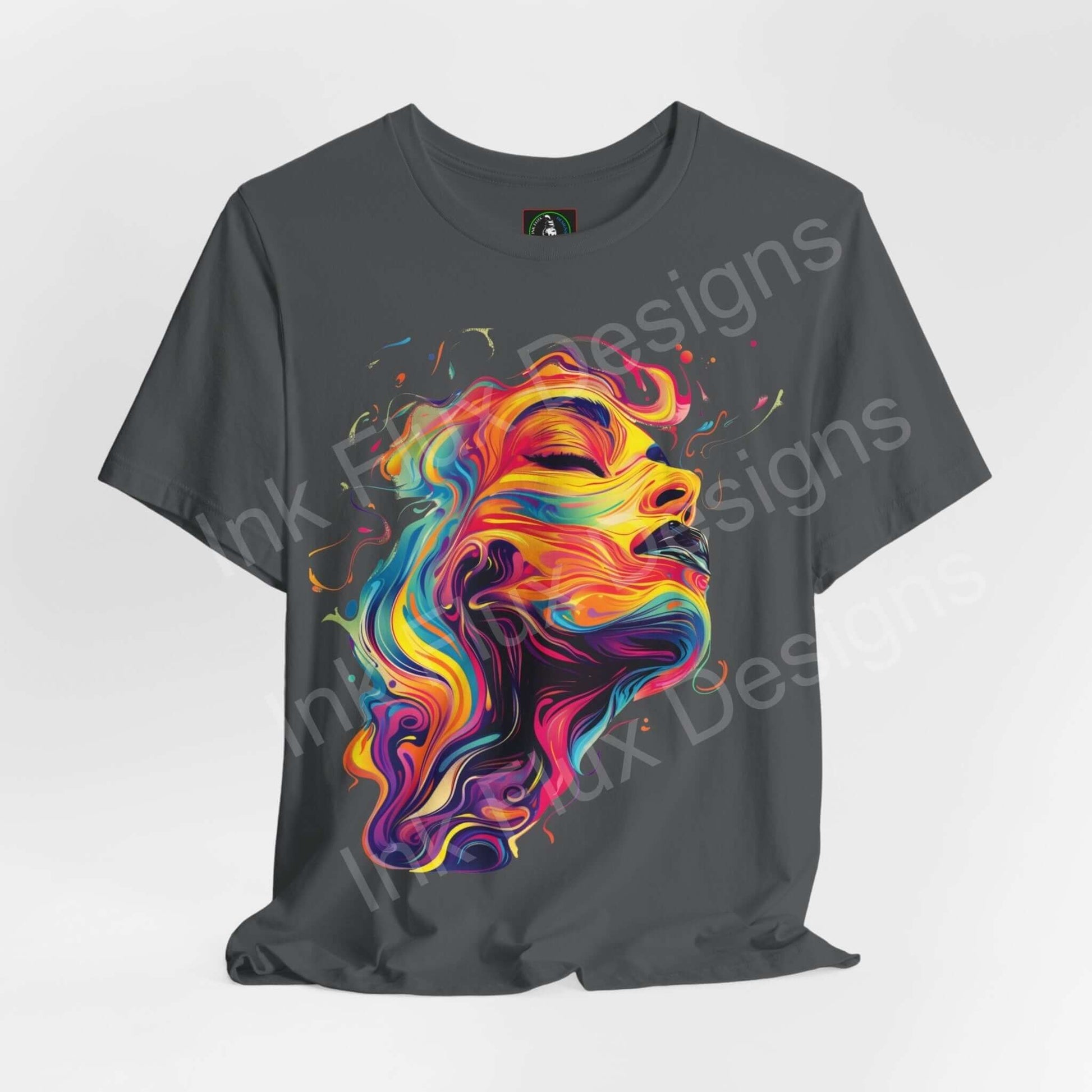 Cyberpunk-inspired graphic tee featuring a vibrant, abstract portrait design on a gray unisex jersey T-shirt by Bella+Canvas