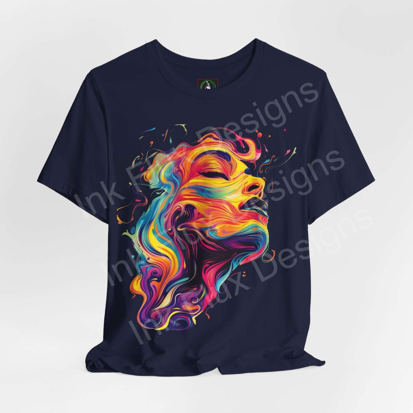 Cyberpunk abstract portrait graphic tee in navy blue, featuring vibrant, swirling colors on a unisex jersey T-shirt.