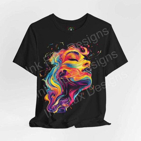 Black unisex cyberpunk graphic tee featuring a vibrant, abstract portrait design in swirling rainbow colors, perfect for stylish comfort.