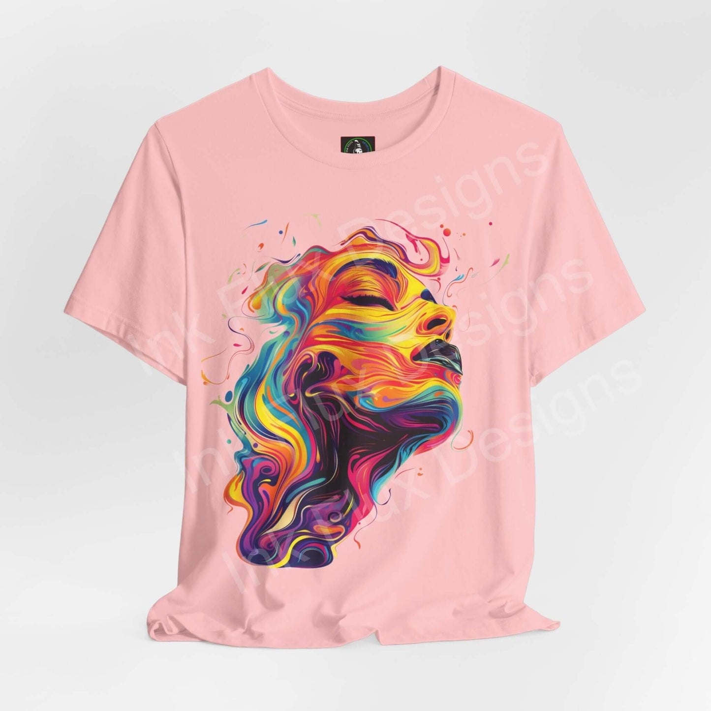 Pink cyberpunk graphic tee featuring vibrant abstract portrait design on Bella+Canvas unisex T-shirt