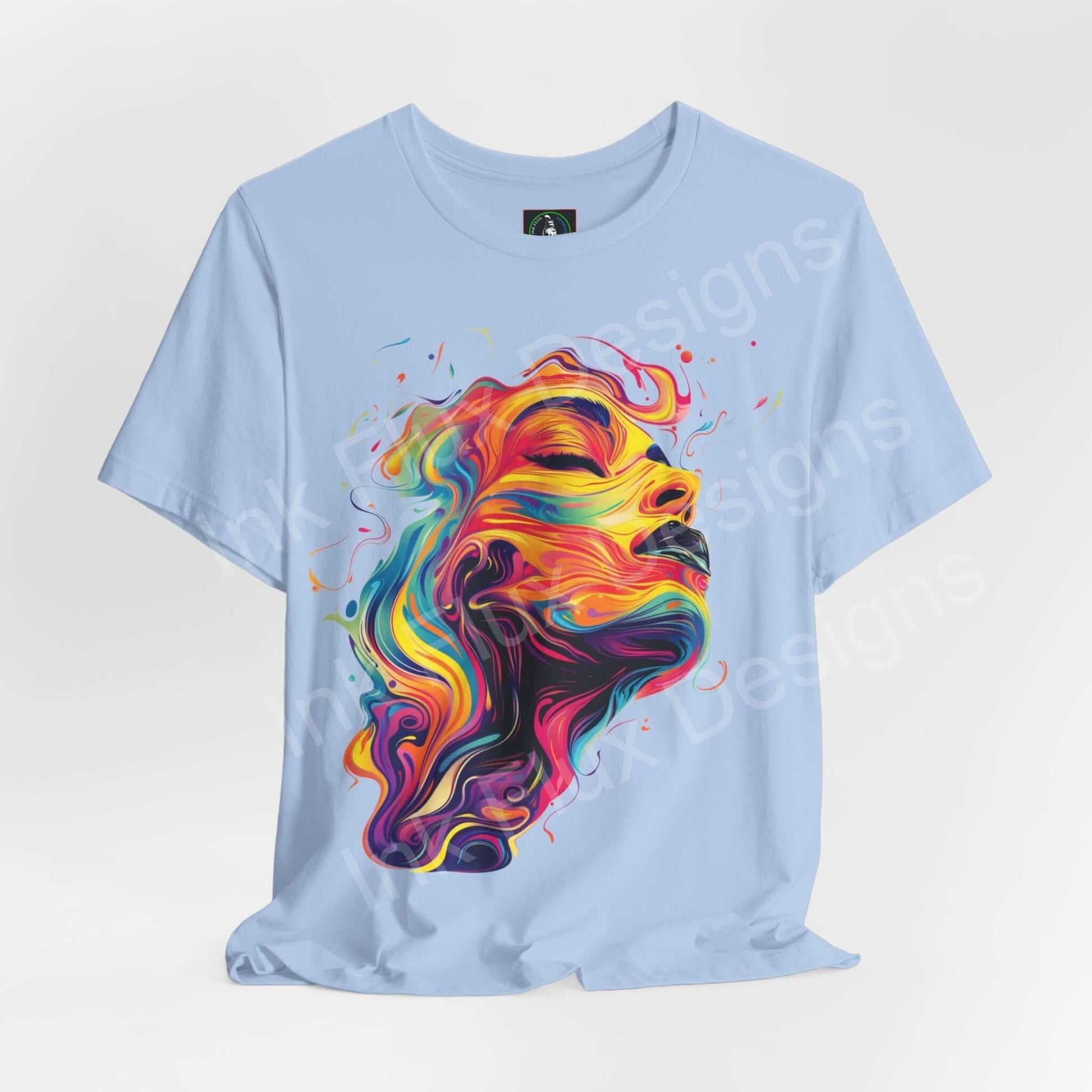 Light blue unisex T-shirt featuring an abstract, colorful cyberpunk portrait design, ideal for casual graphic tees enthusiasts.
