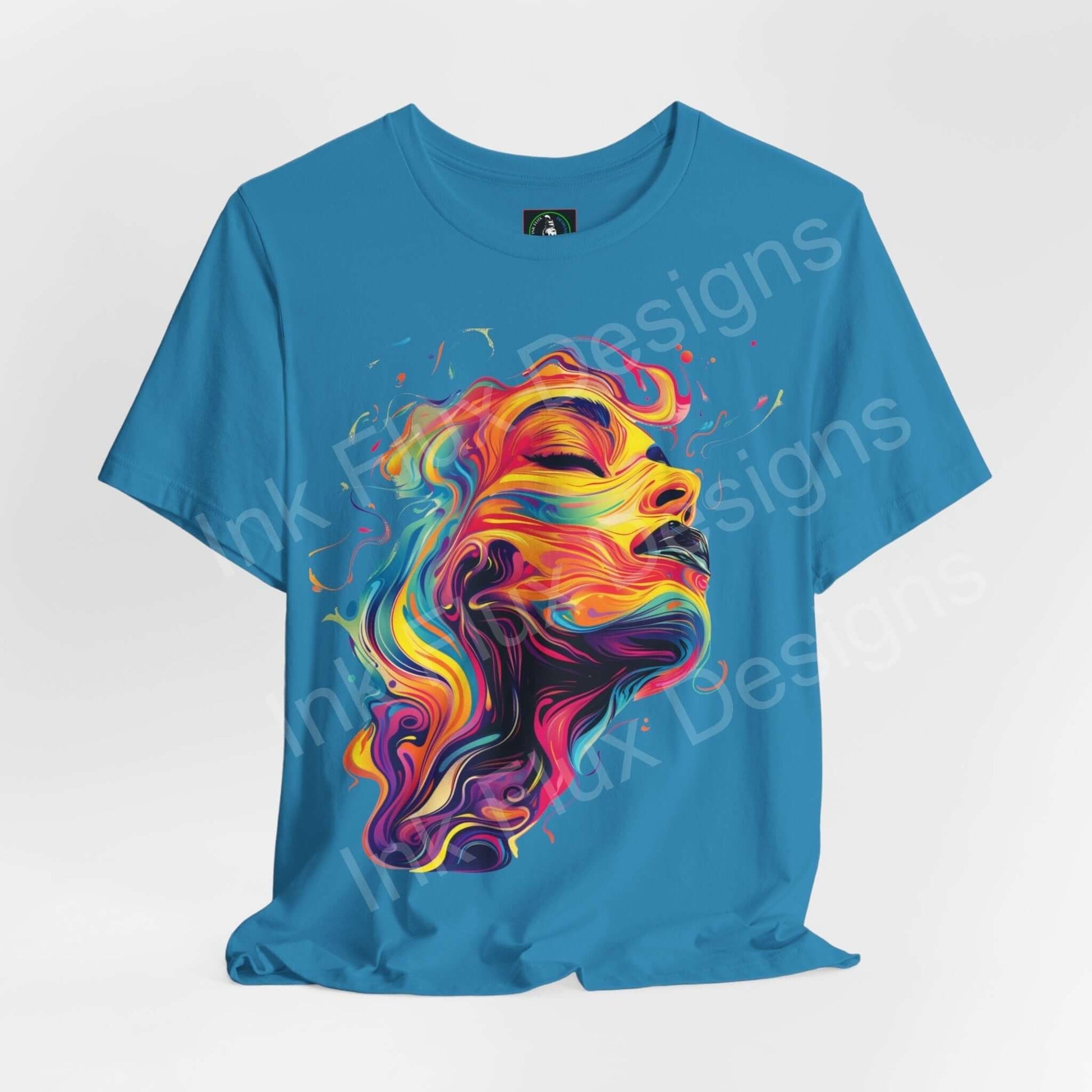 Cyberpunk-inspired graphic tee featuring a vibrant, abstract portrait design on a blue Bella+Canvas T-shirt, perfect for style and comfort.