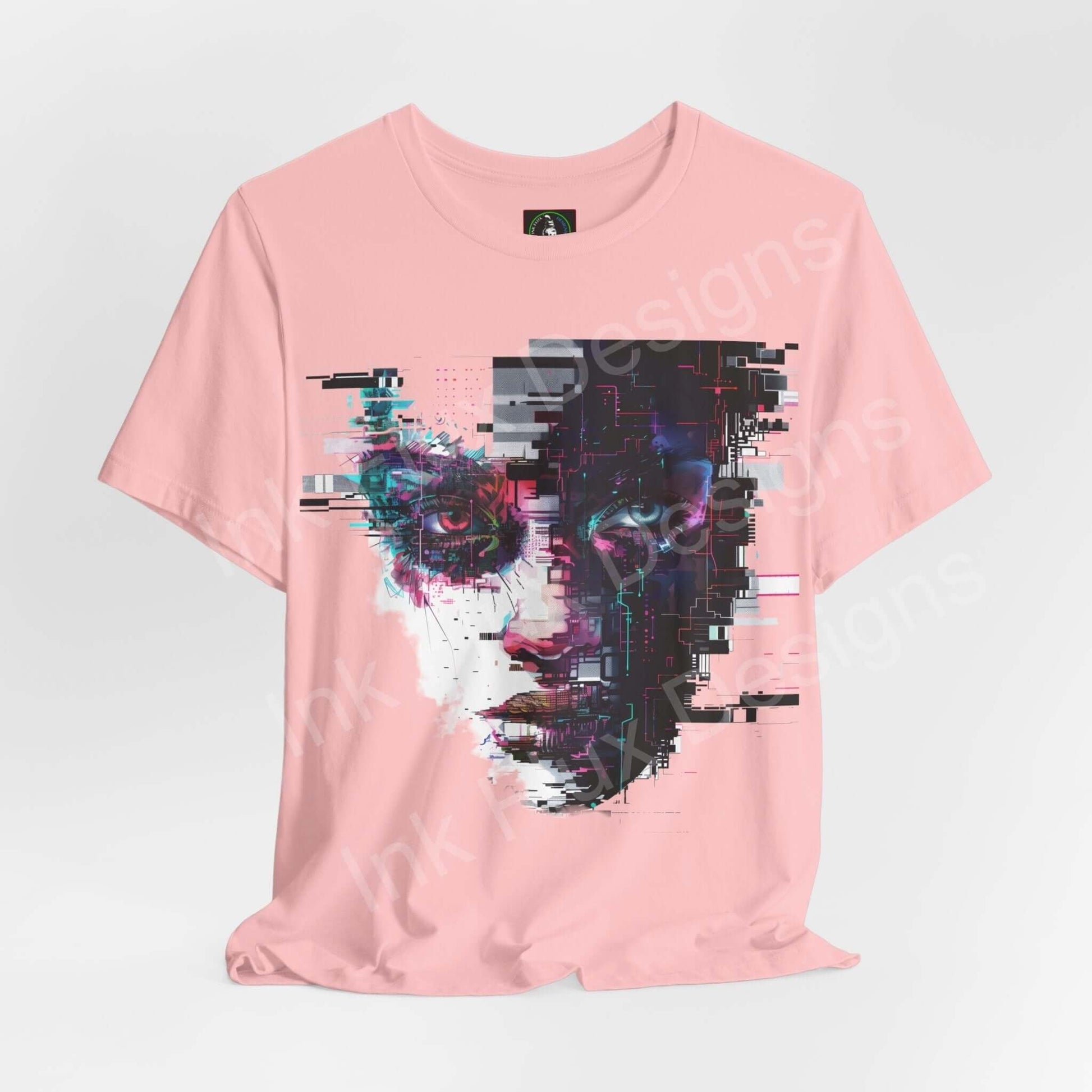Pink unisex T-shirt with cyberpunk graphic design, featuring abstract portrait print, by Bella+Canvas, ideal for stylish comfort.