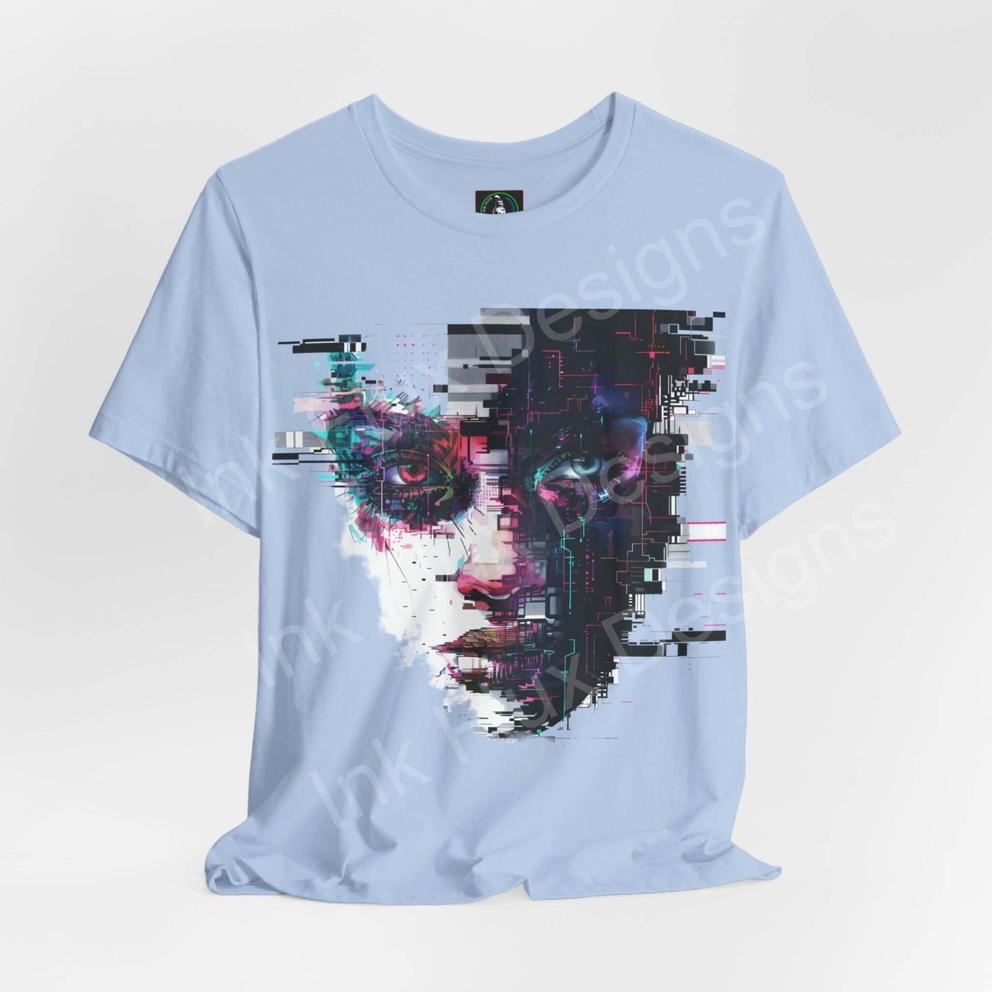 Light blue unisex T-shirt featuring a cyberpunk-inspired abstract portrait print designed by Bella+Canvas, highlighting graphic, stylish appeal for all occasions.