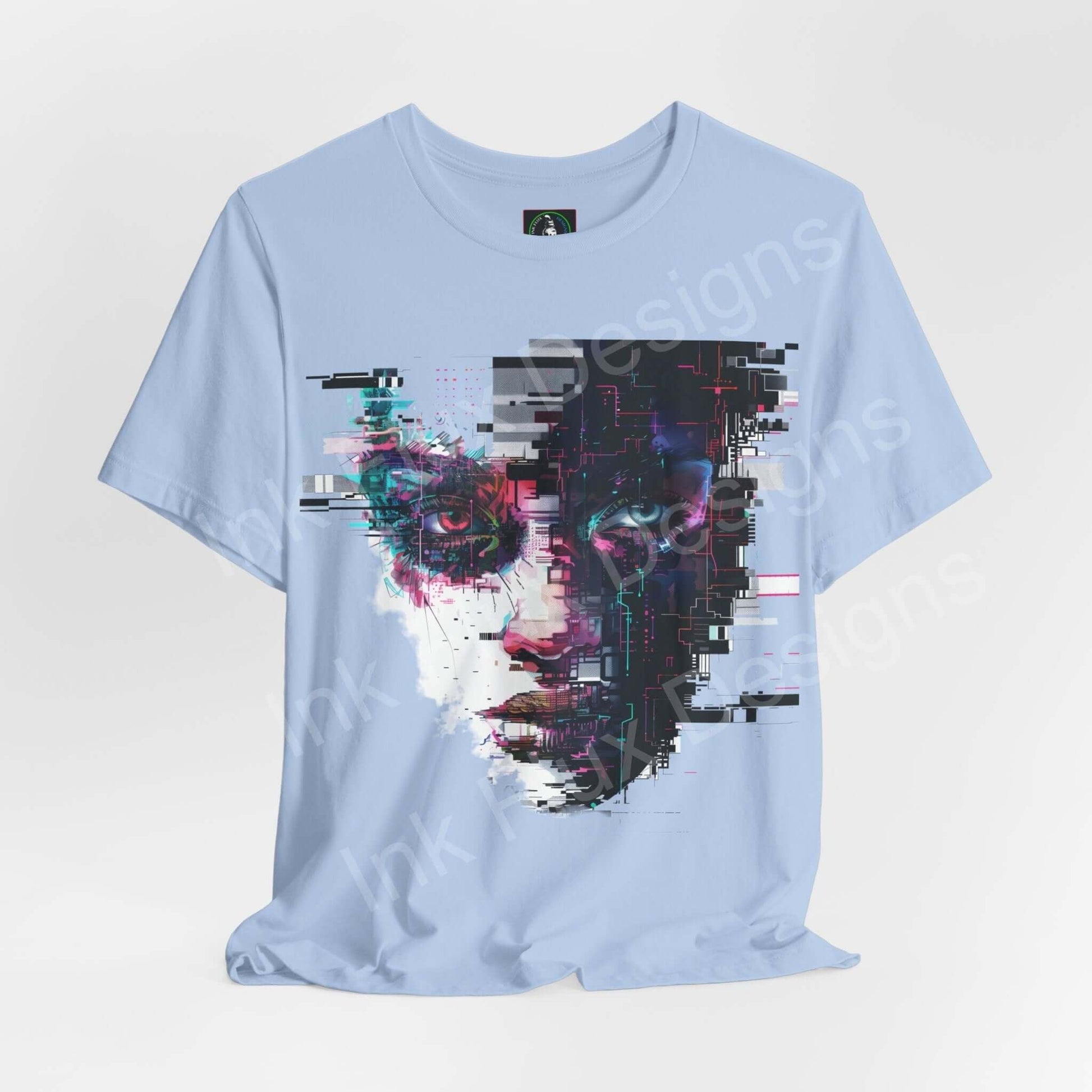 Light blue unisex T-shirt featuring a cyberpunk-inspired abstract portrait print designed by Bella+Canvas, highlighting graphic, stylish appeal for all occasions.