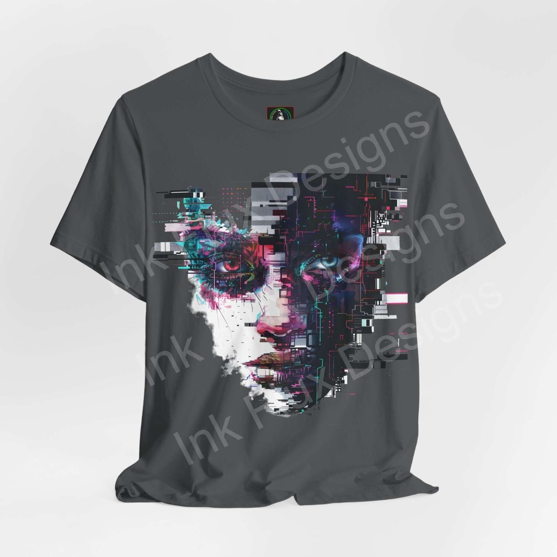 Cyberpunk-inspired graphic tee featuring an abstract portrait design in vibrant colors on a gray T-shirt, ideal for casual wear.