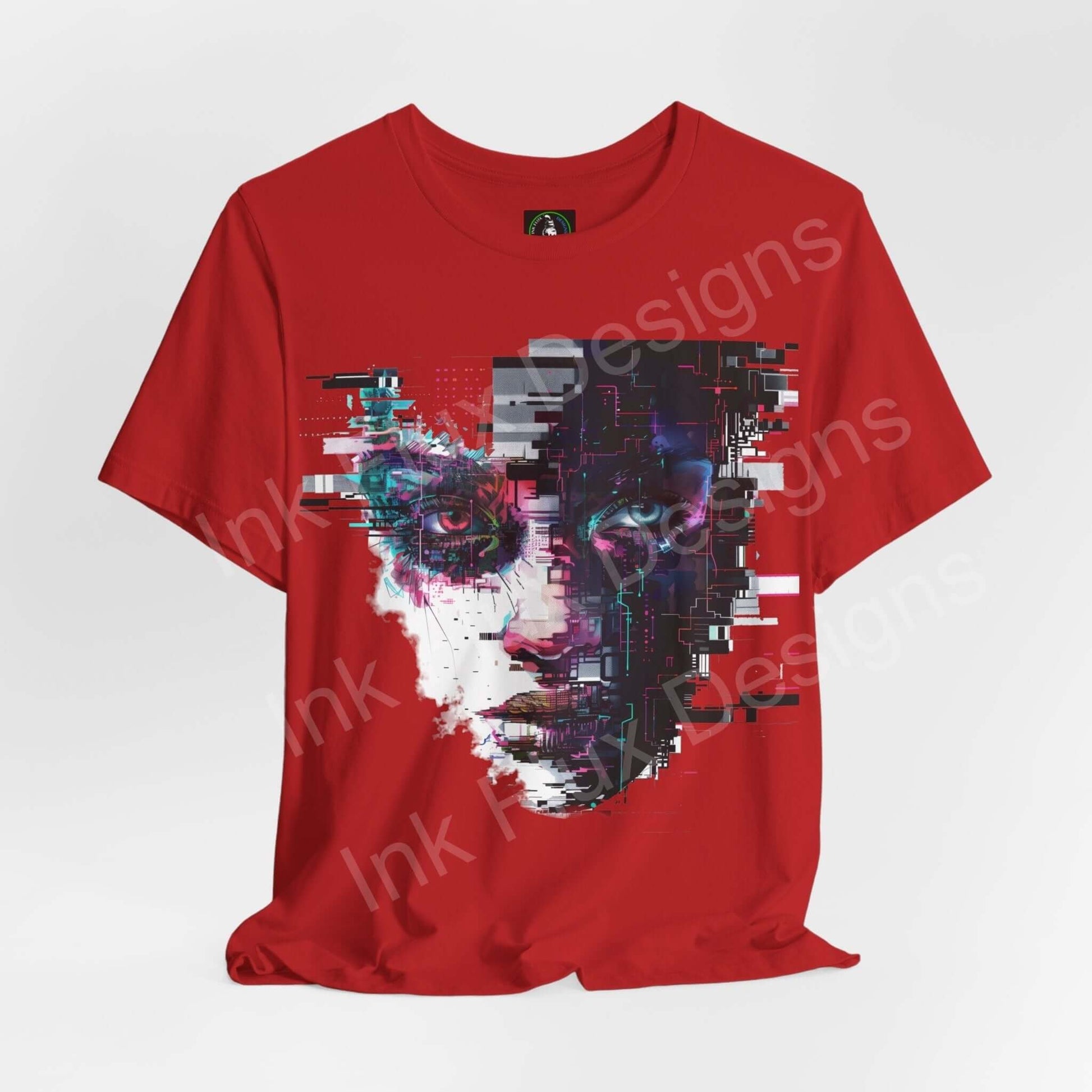 Red cyberpunk graphic tee featuring an abstract portrait design, Bella+Canvas unisex jersey T-shirt with ribbed collar and tapered shoulders.
