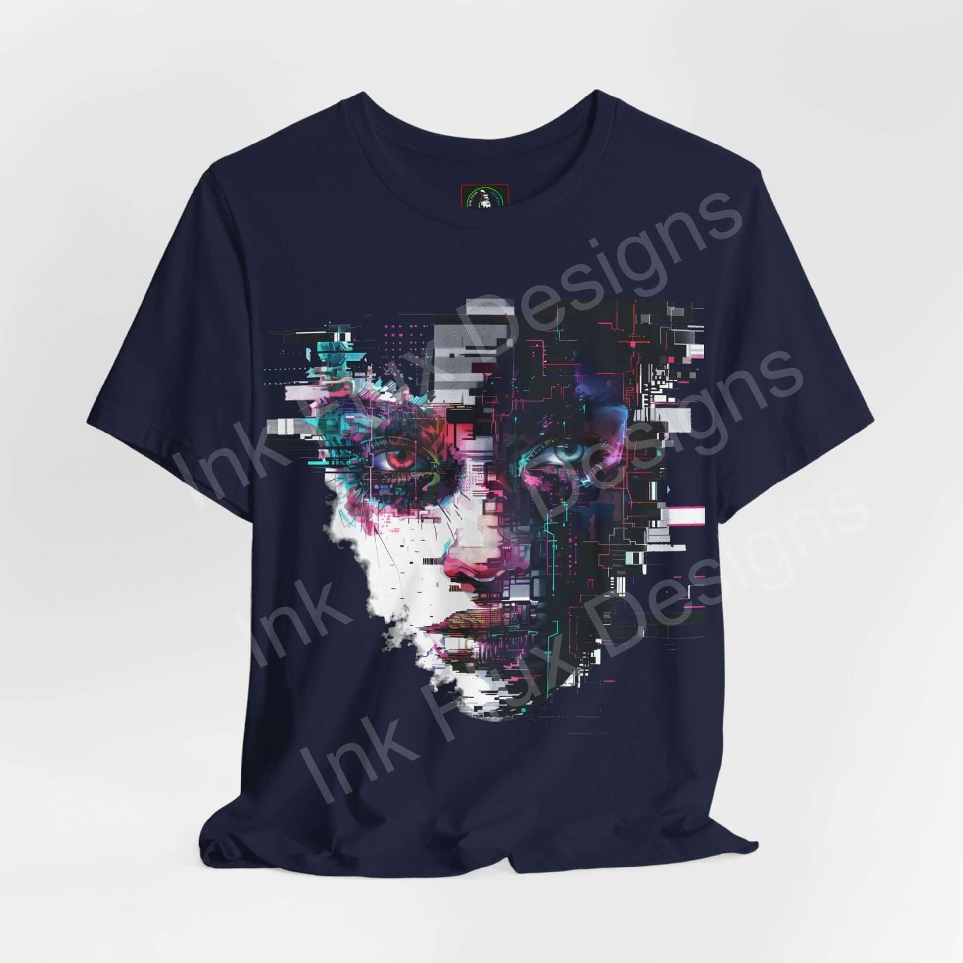 Navy blue unisex cyberpunk graphic tee featuring an abstract, digital portrait design, crafted by Bella+Canvas for style and comfort.