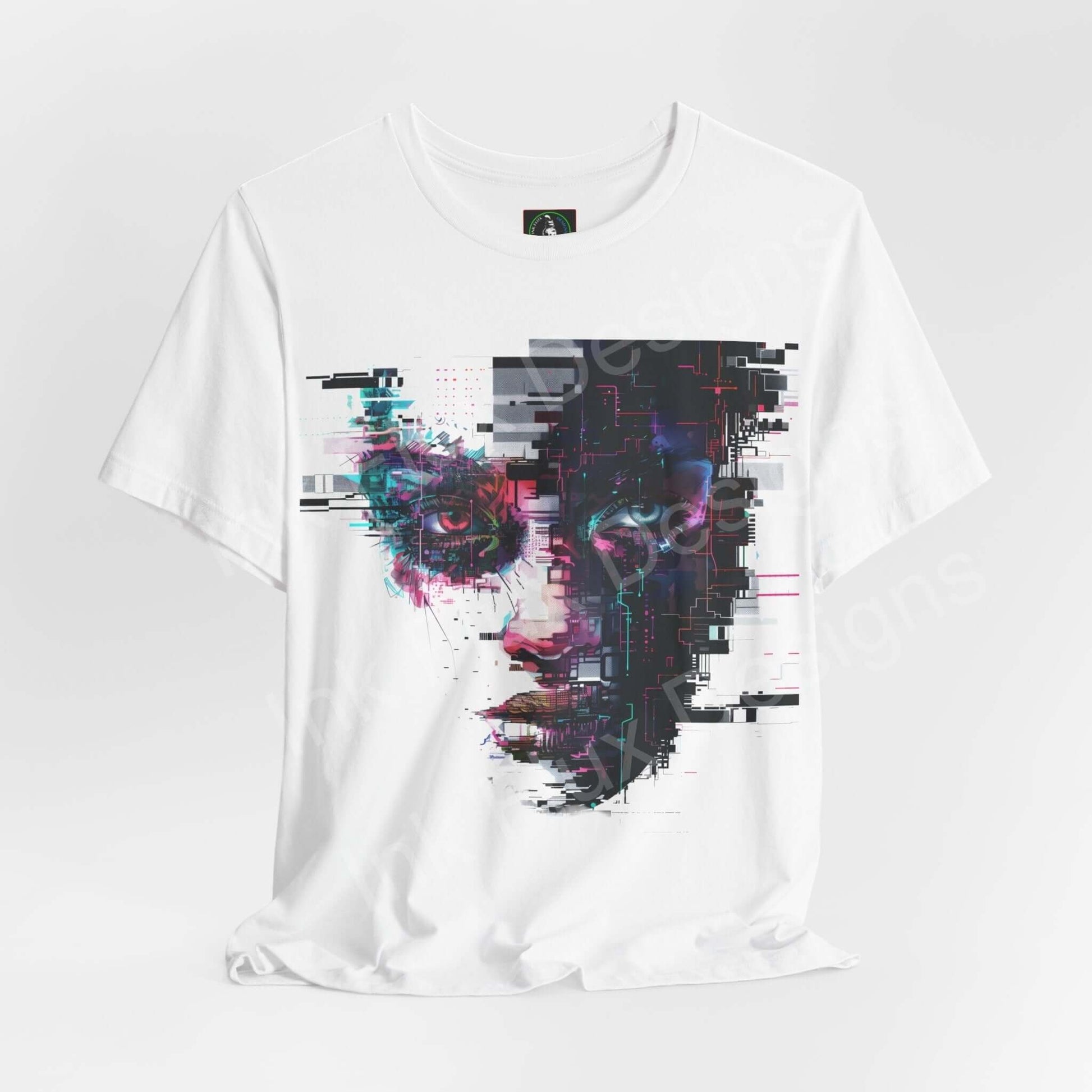 Cyberpunk graphic tee featuring an abstract portrait in vibrant colors on a white unisex T-shirt by Bella+Canvas, showcasing style and sustainability.