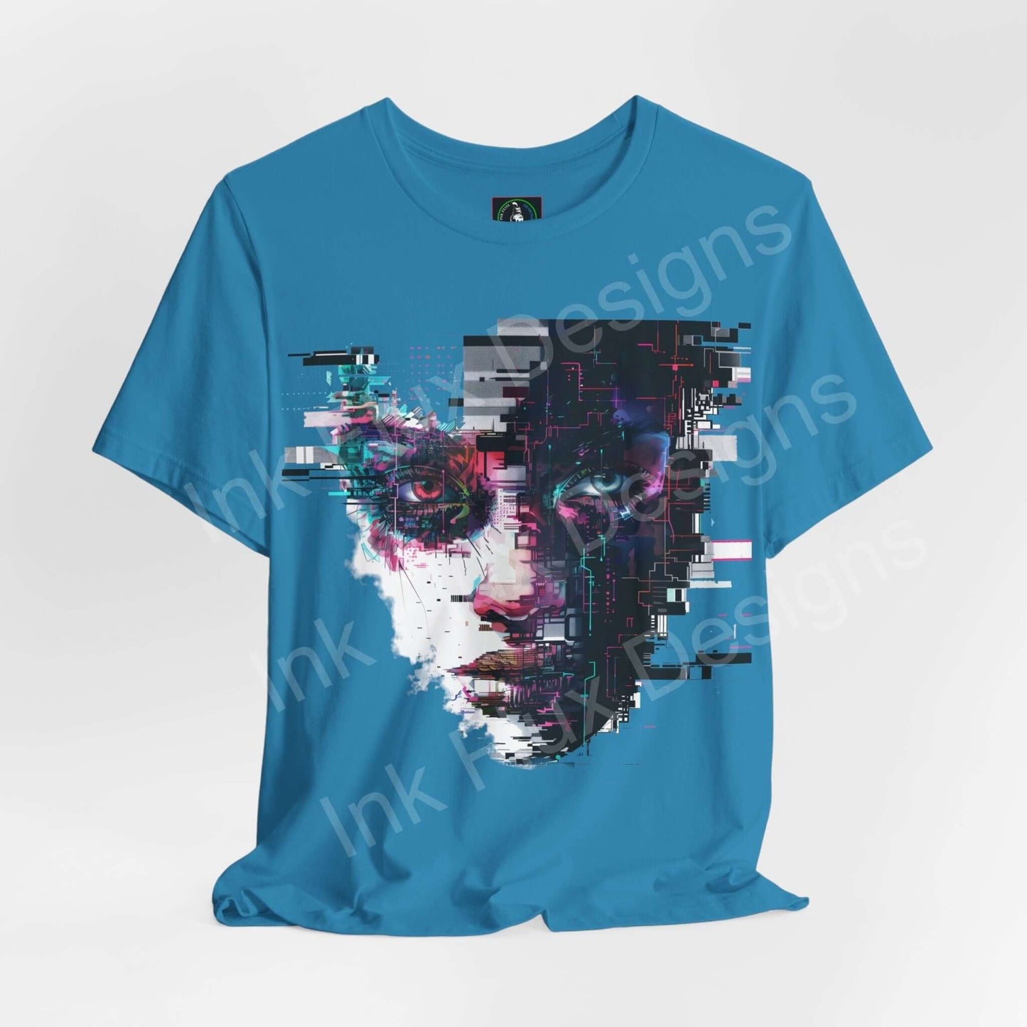 Cyberpunk-inspired graphic tee featuring an abstract portrait design in vibrant colors on a blue unisex T-shirt