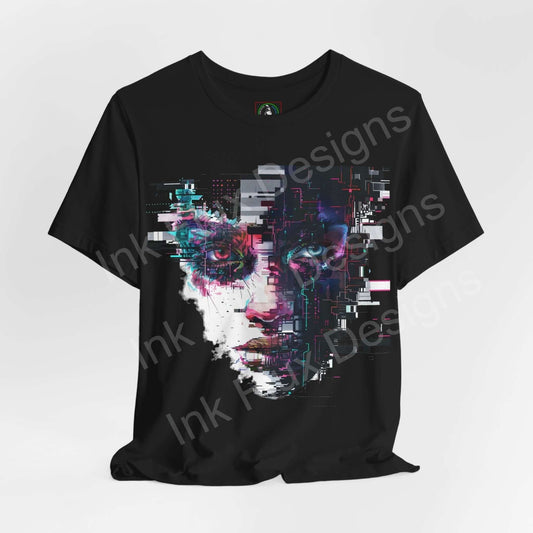 Black unisex jersey T-shirt featuring a vibrant cyberpunk graphic design of an abstract portrait, crafted from Airlume cotton by Bella+Canvas.
