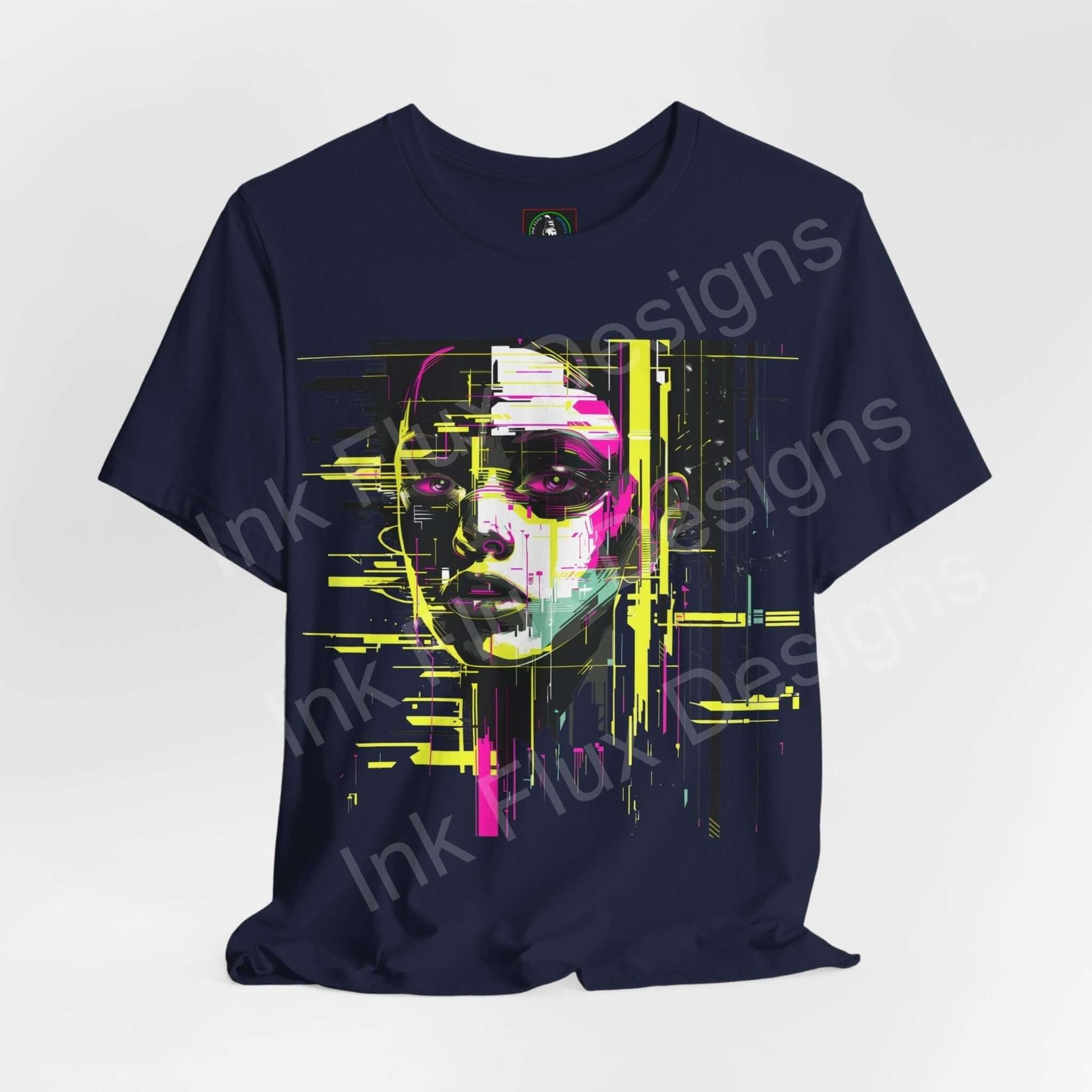 Cyberpunk-inspired graphic tee featuring abstract portrait in vibrant yellow and pink on dark blue, unisex fit with ribbed collar.