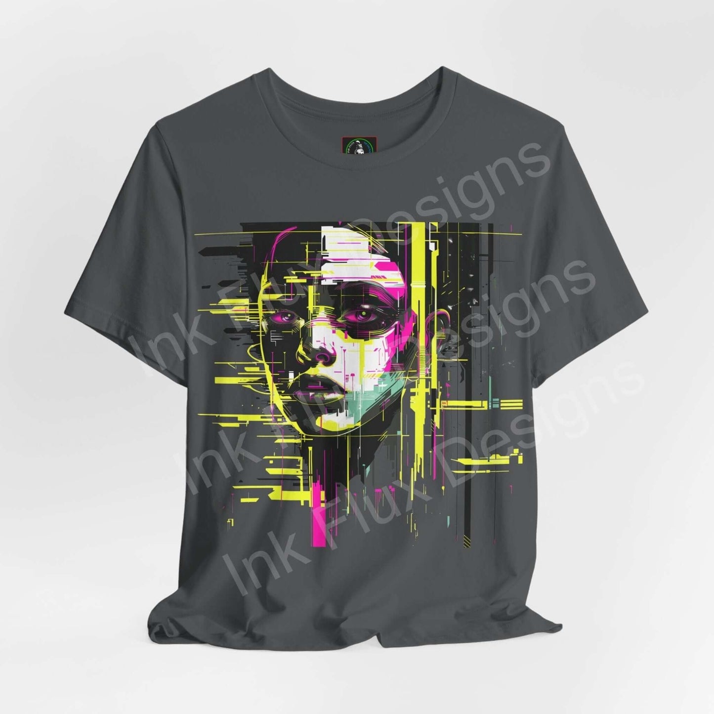 Cyberpunk-inspired Graphic Tee featuring an abstract portrait in vibrant yellow and pink on a dark gray shirt, highlighting modern design and comfort.