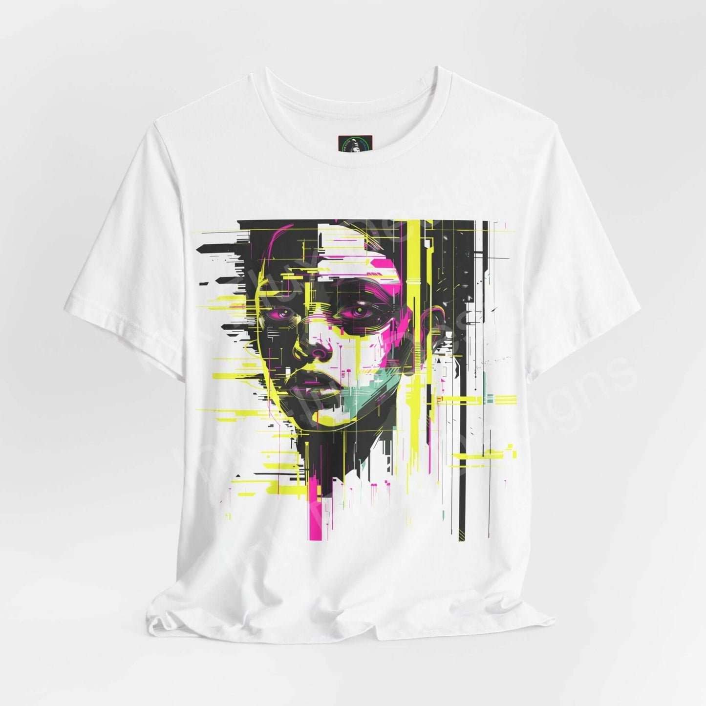 Unisex white jersey T-shirt featuring a vibrant cyberpunk graphic portrait in yellow, pink, and black, from Bella+Canvas.
