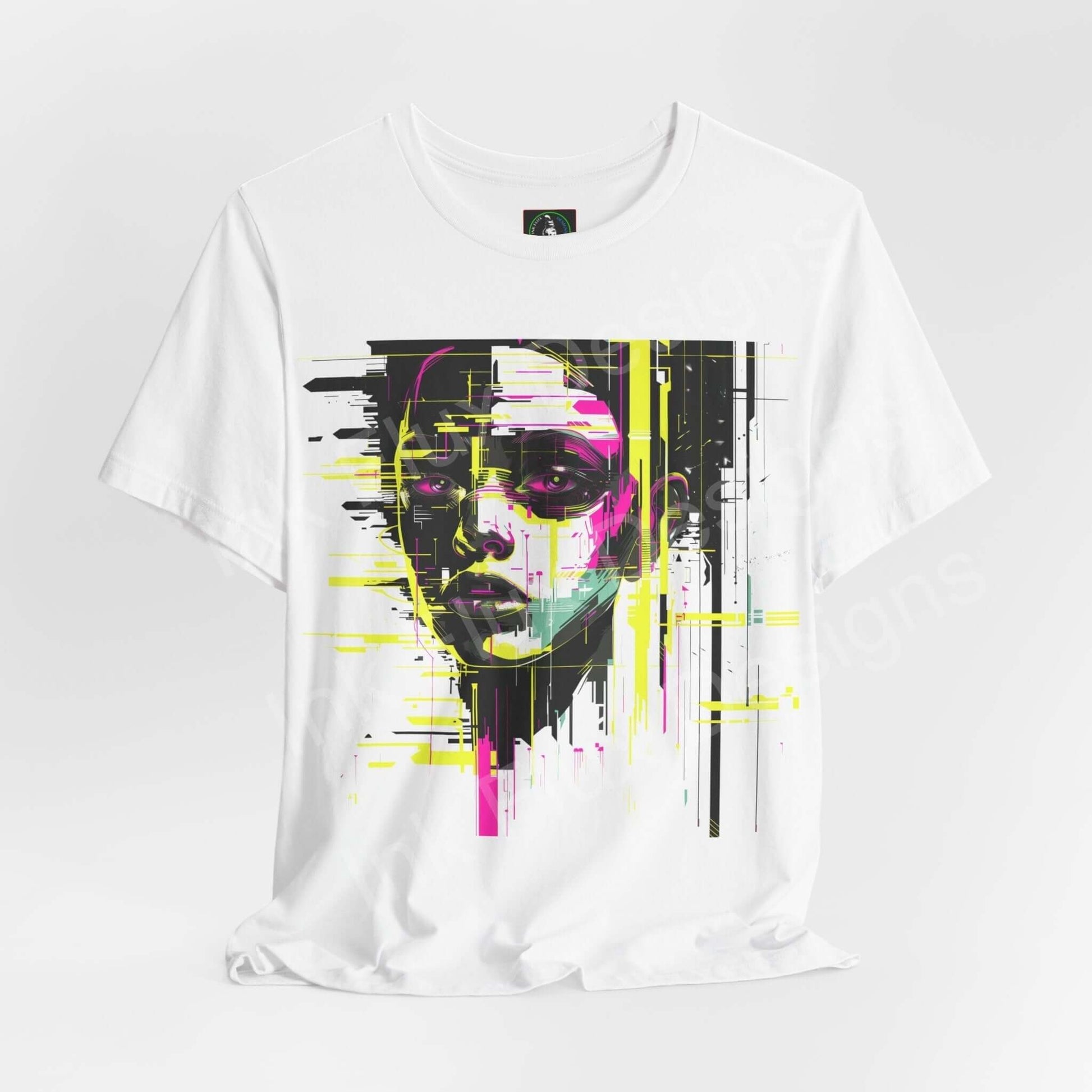 Unisex white jersey T-shirt featuring a vibrant cyberpunk graphic portrait in yellow, pink, and black, from Bella+Canvas.