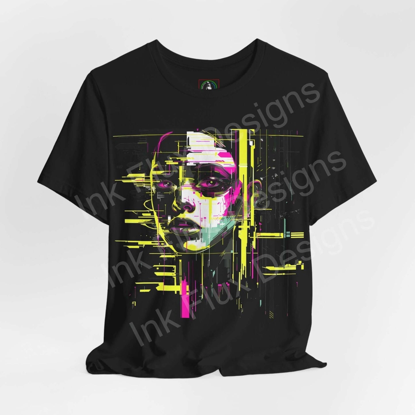 Cyberpunk-inspired graphic tee featuring an abstract portrait in neon yellow and pink on a black T-shirt, perfect for a stylish, edgy look.