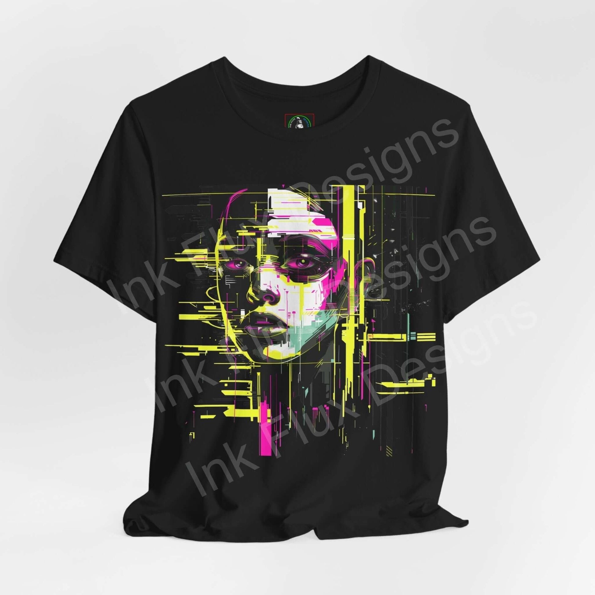 Cyberpunk-inspired graphic tee featuring an abstract portrait in neon yellow and pink on a black T-shirt, perfect for a stylish, edgy look.