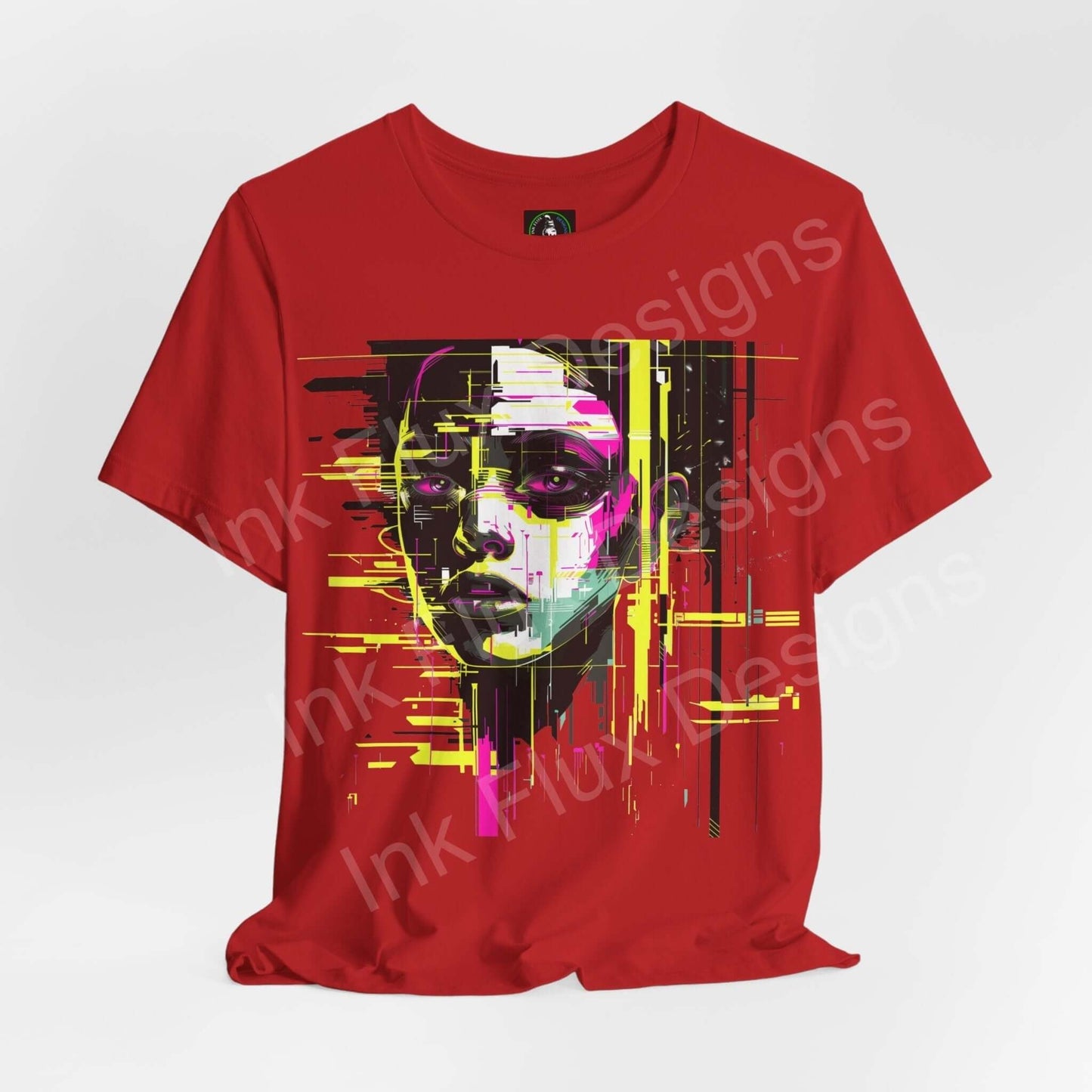 Red unisex jersey T-shirt featuring an abstract cyberpunk portrait in yellow and black on the front, by Bella+Canvas.
