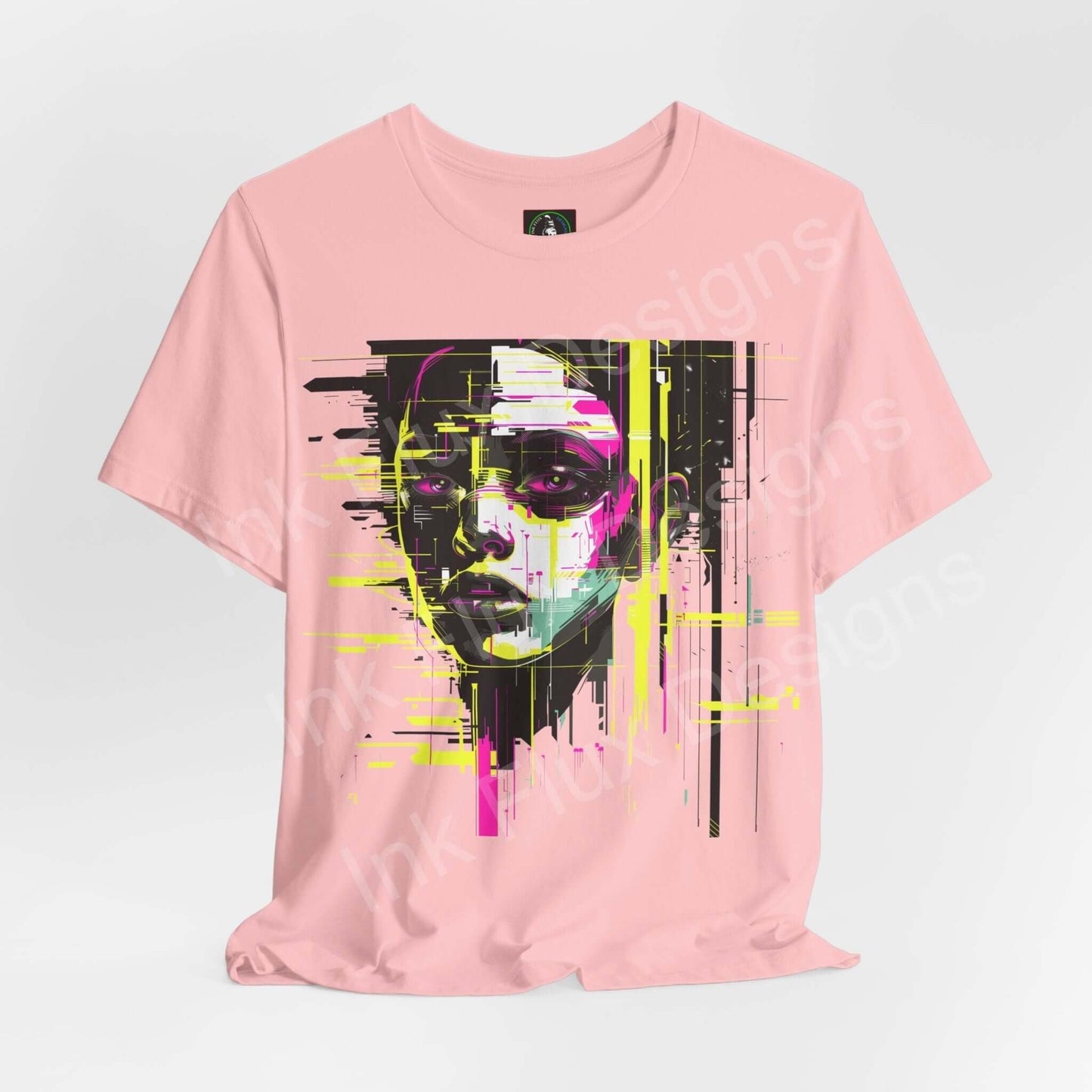 Light pink unisex T-shirt featuring a vibrant cyberpunk graphic print of an abstract portrait in black, yellow, and pink tones.