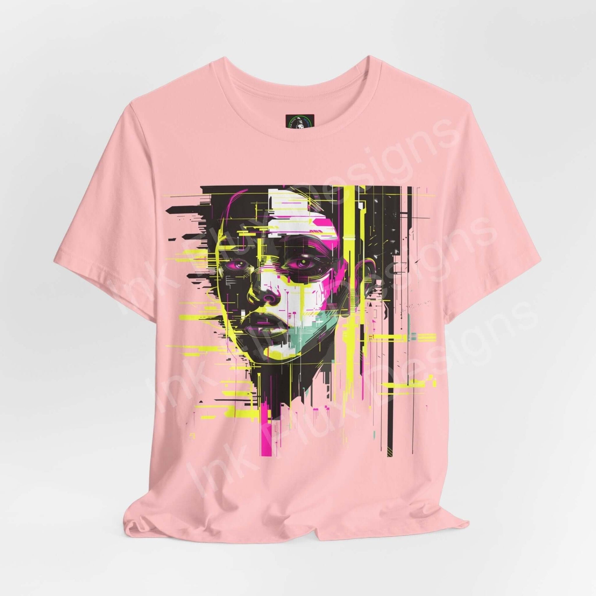 Light pink unisex T-shirt featuring a vibrant cyberpunk graphic print of an abstract portrait in black, yellow, and pink tones.